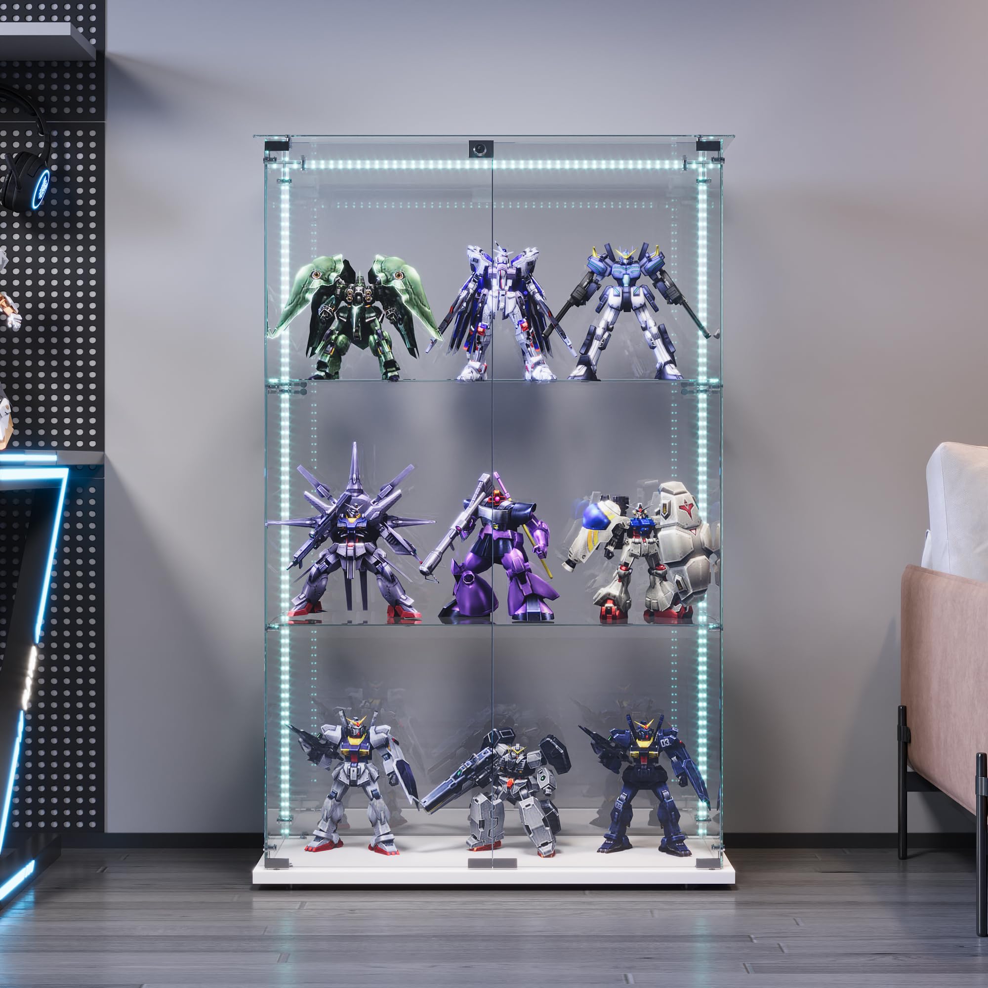 Vetrina in Vetro con LED, Armadio in Vetro da Esposizione con 2 Ante 3 Ripiani e Serratura Vetrinetta per Collezionismo Vetrina Soggiorno Moderna per Centro Commerciale (Bianco, striscia luminosa)