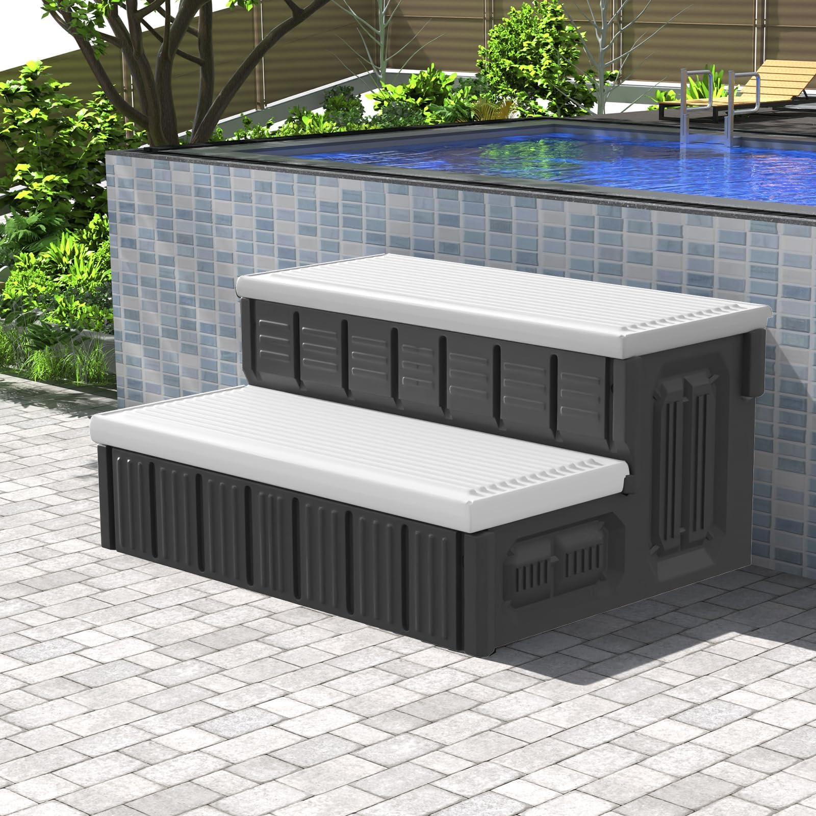 Hot Tub Steps, Outdoor Spa Steps with Storage, Non-Slip & Sturdy Hot Tub Stairs, 36 Inches Long, White/Grey
