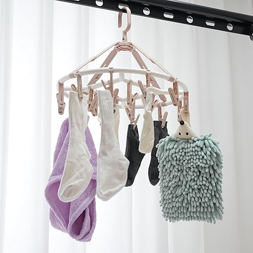 Miniatura 6 de Perchas de secado de ropa plegables de plástico con 20 clips de secado (círculo rosa claro)