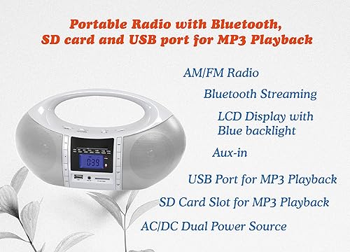 Miniatura 2 de HANNLOMAX HX-506R Radio AMFM portátil, Bluetooth, ranura USBSD para reproducción de MP3, entrada auxiliar, fuente de alimentación dual ACDC (blanco)