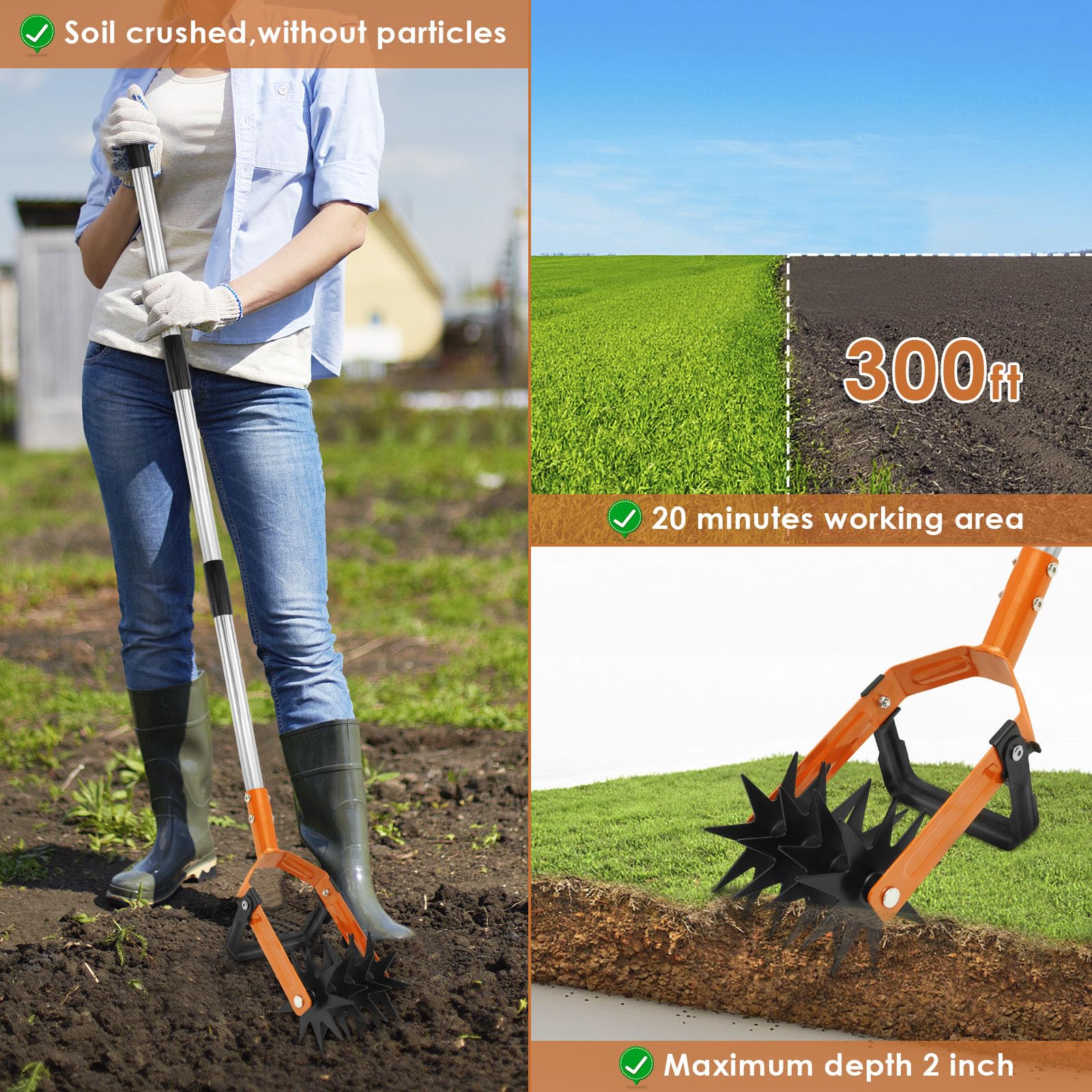 Coltivatore rotativo con manico lungo in acciaio inossidabile da giardino, lunghezza regolabile, 2 in 1, sarchiatore da giardino e crumbler per miscelazione del terreno