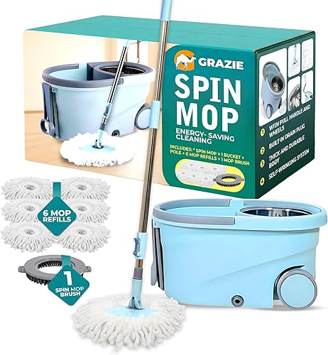 Miniatura 9 de Grazie Juego de trapeador giratorio y cubeta – Sistema de autoescurriente de 360°, mango de acero inoxidable – Limpieza de suelos manos libres para