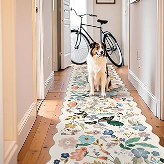 Washable 3x12 Hallway Runner Rug: Soft Floral Scalloped Runners for Entryway Kitchen Nursery Non Slip Bathroom Laundry Floor Mat Water Resistant Light Weight Carpet for Living Room Bedroom(3x12,Cream)