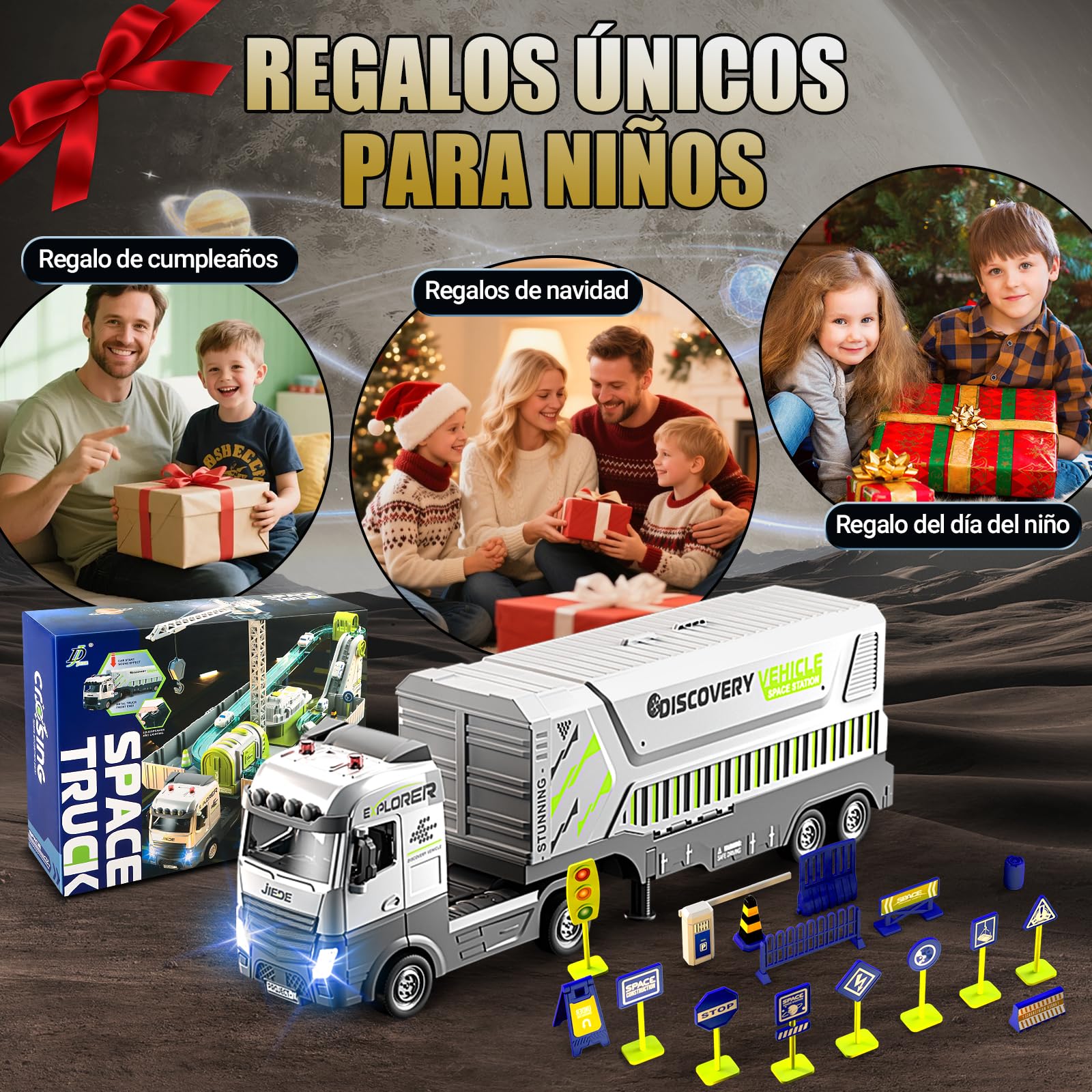 JONRRYIN Construcción Camión Niños, Vehículos Transportador Juguete con Pista de Coches, Grúa, Eyección Pista y 12 Mini Camións, Camión de Aleación Grande Regalo para Niños 3+ Años