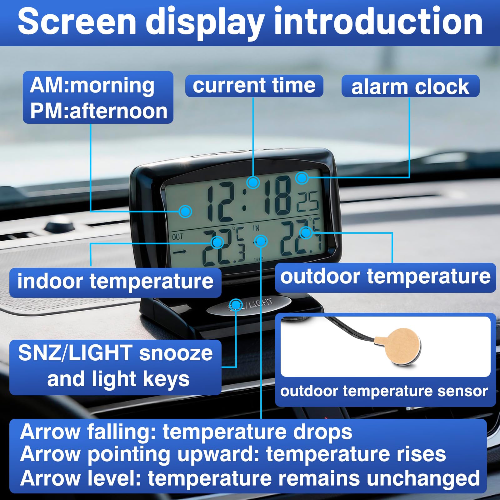 Thermomètre d'horloge de voiture Baceyong, horloge numérique et thermomètre 2 en 1 avec affichage à LED, utilisé pour l'ameublement intérieur et extérieur de la voiture