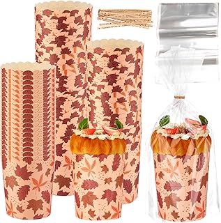 50 Sets 12oz Fall Panettone Paper Mold Sets Disposable Autumn Paper Bread Molds Baking Cake Pan with Clear Plastic Bags and Ties for Fall Autumn Thanksgiving Bread Cake Bakery (Maple Leaf)
