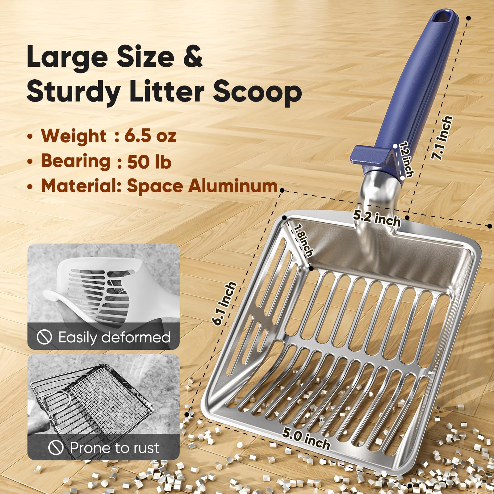 KooMooM Metal Cat Litter Scoop, Large Cat Scooper with Deep Shovel & Dual Sifting Holes for Fast & Precise Sifting, Space Aluminum Kitty Litter Scooper with Long Handle & Easy-to-Hang Hook - Blue - image 2