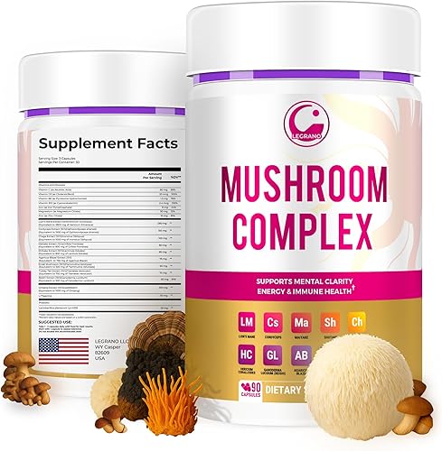 LEGRANO Cápsulas de suplemento de melena de león  Mezcla de hongos matutinos con cordyceps, chaga, ginseng y vitaminas  Suplemento energético