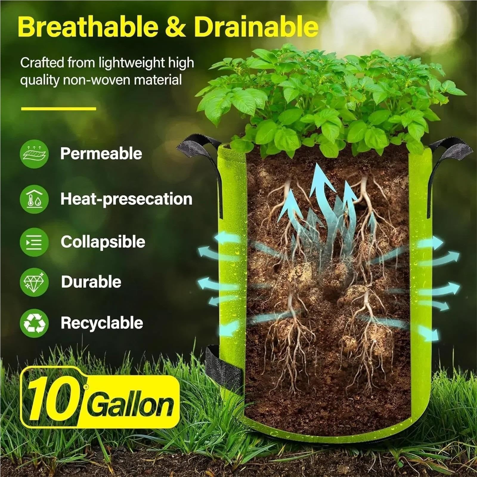 Bolsas de Cultivo de Patatas Bolsas de cultivo plantas fieltro 5/10 galones | Jardín de tela no tejida(Black S-10PCS)