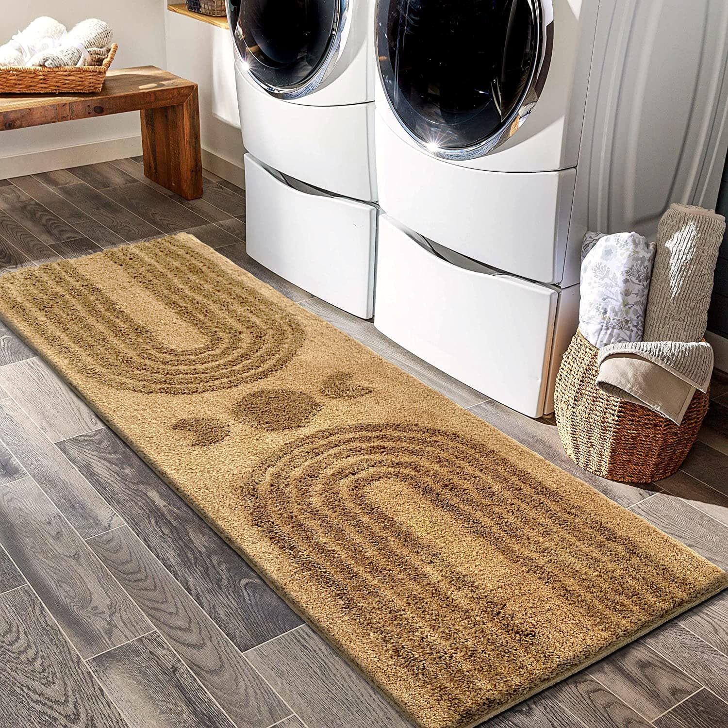 ARTCREATOR Boho Bathroom Runner Rug 20"x60" Long Abstract Bath Mat for Bathroom Soft Plush Fluffy Bath Rugs Boho Bathroom Decor Khaki Washable Non Slip Runner Rug for Bedroom/Hallway