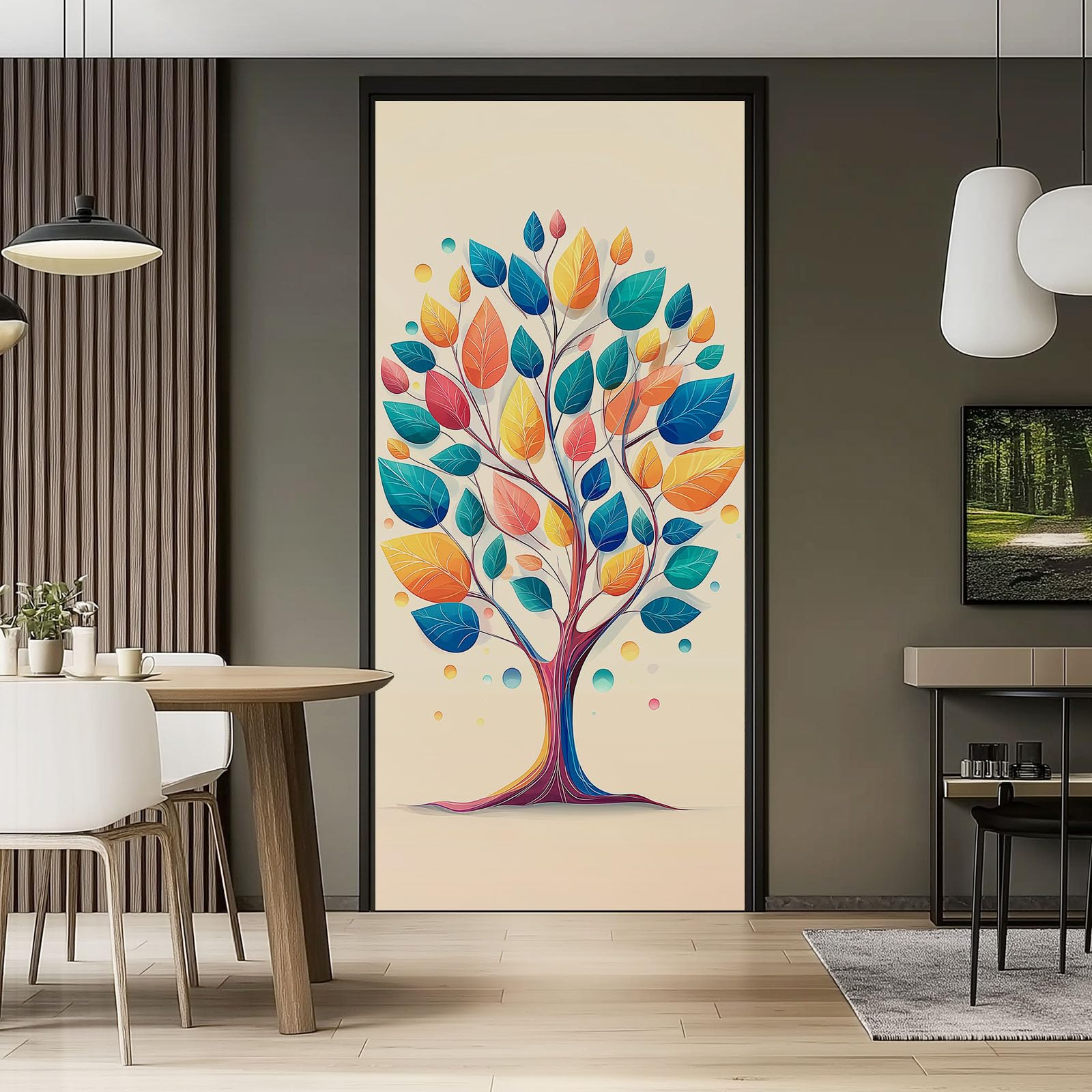 Prosta naklejka na drzwi, drzewo, 80 x 210 cm, roślina, drzewo życia, PCW, samoprzylepna, fototapeta, beżowa, wodoszczelna, winylowa, zdejmowana naklejka na drzwi, do łazienki, pokoju dziecięcego