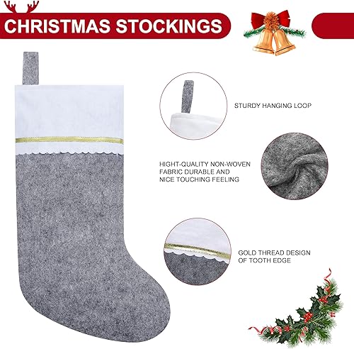Miniatura 3 de Paquete de 12 medias de Navidad de fieltro gris y blanco, puño blanco de 19 pulgadas con ribete dorado, medias de Navidad para decoración de Navidad