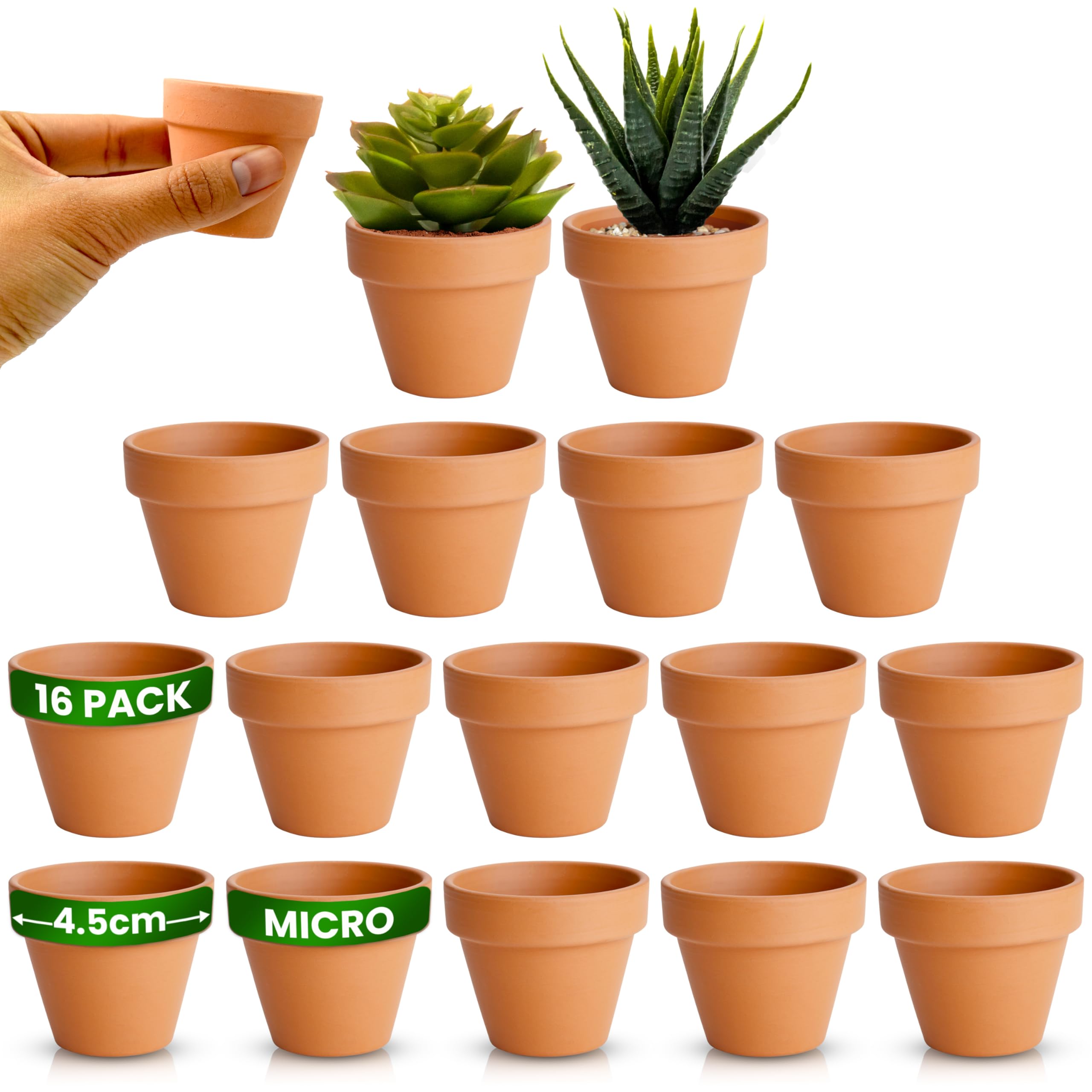 Green Thumbz Terracotta Plant Pots - 4.5cm x 16 Pack Small Plant Pots - Multi Purpose Mini Terracotta Pots for Plants, Flowers, Candle Making, and Painted Art