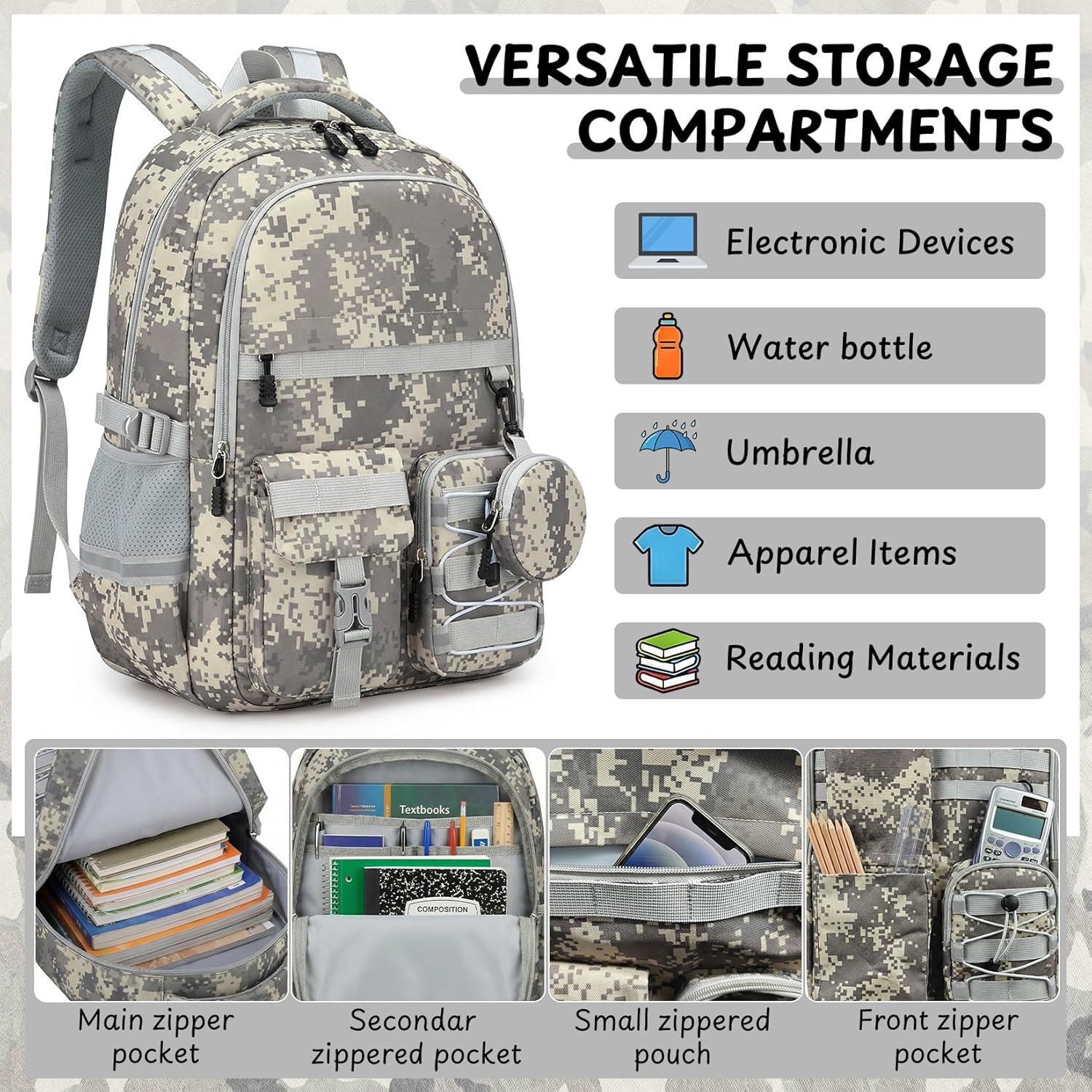 School Backpack for Boys - 5pcs Camo Boys Backpack with Lunch Box Set for Kids Teens Elementary Middle High School,18″ Large Capacity Students Bookbag