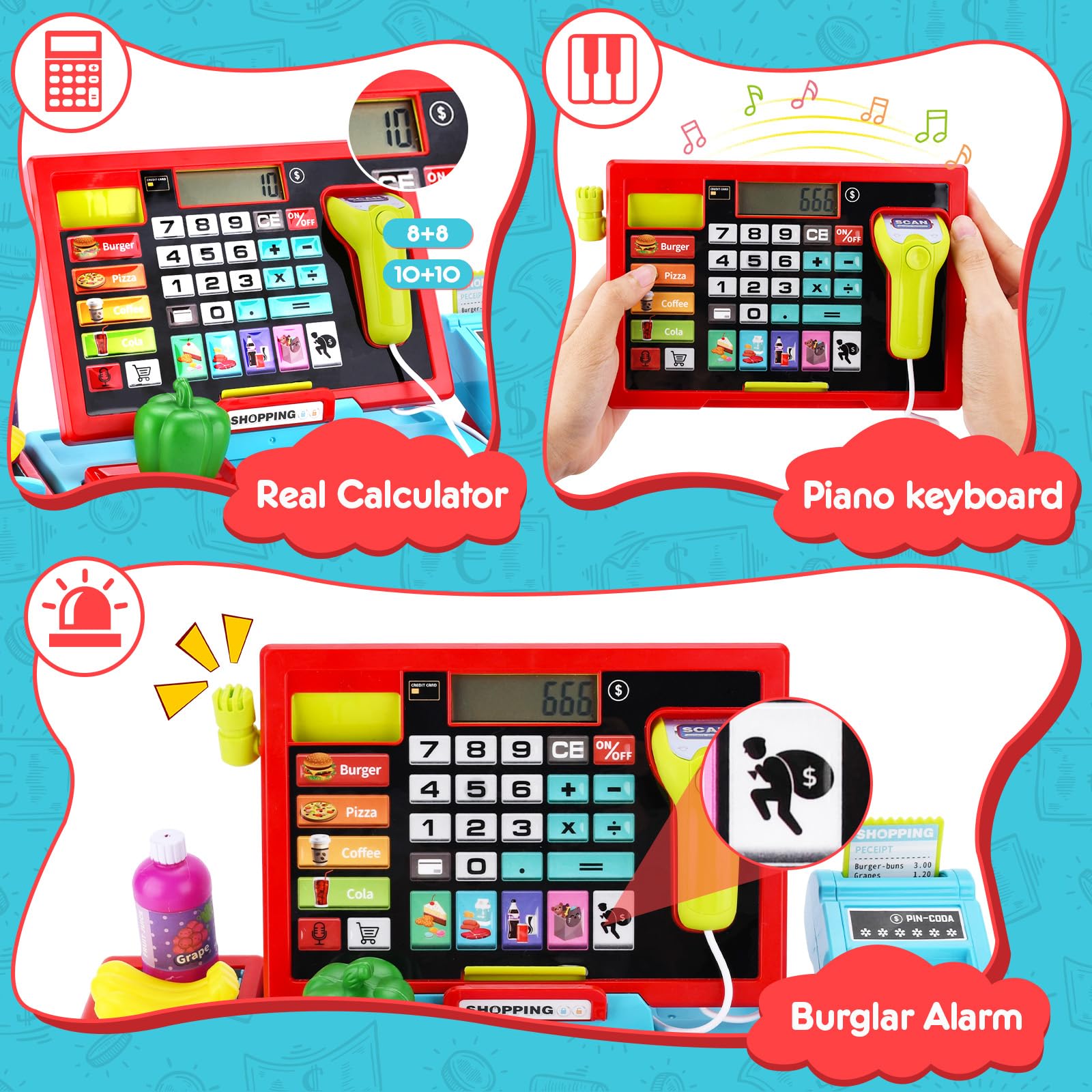 Jouet Caisse Enregistreuse pour Enfants,Caisse Enregistreuse Jouet,Caisse Enregistreuse Enfants,Accessoires avec Scanner Son et Lumière,Jouets Alimentaires,Jeu de Rôle pour Enfant de 3+Ans