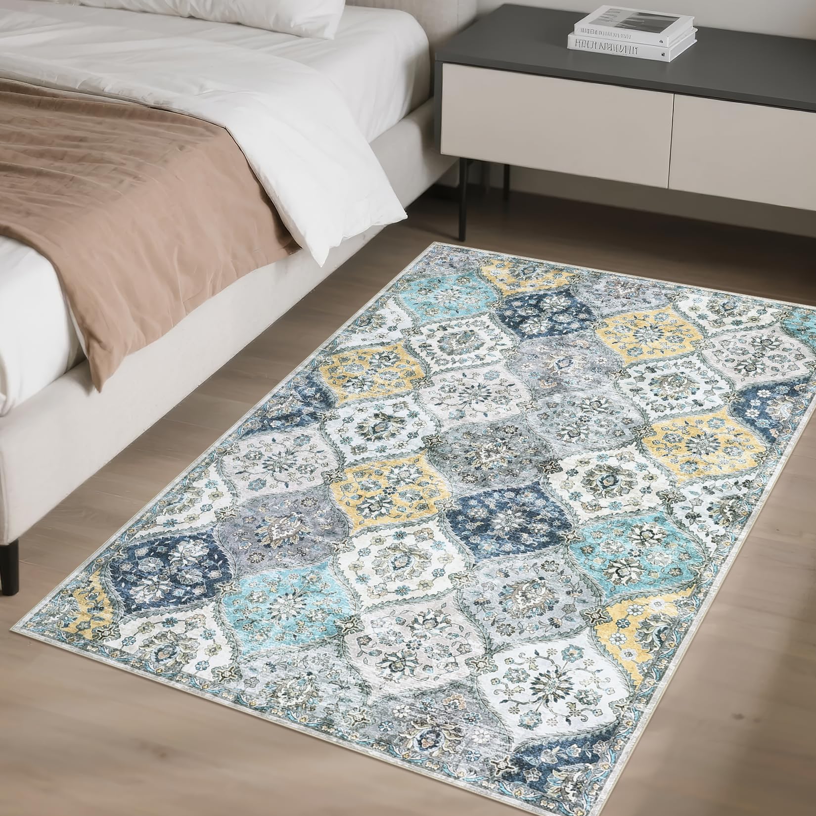 LuxFocus Kleiner Teppich 80x150cm für den Eingangsbereich, Vintage Läuferteppich fürs Schlafzimmer, rutschfeste Waschbare Fußmatte, Faltbarer Innenraumteppich für die Küche, Blau Gelb