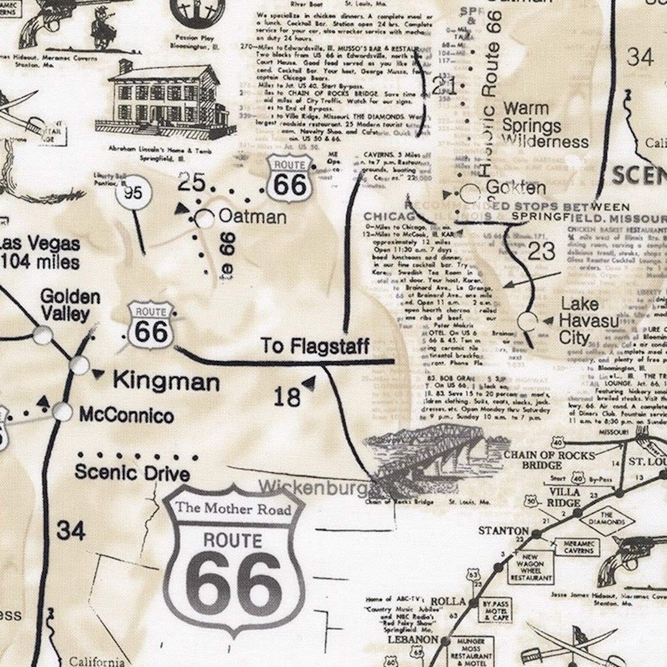 Timeless Treasures Map of Route 66 Premium Quality 100% Cotton Fabric by The Yard.