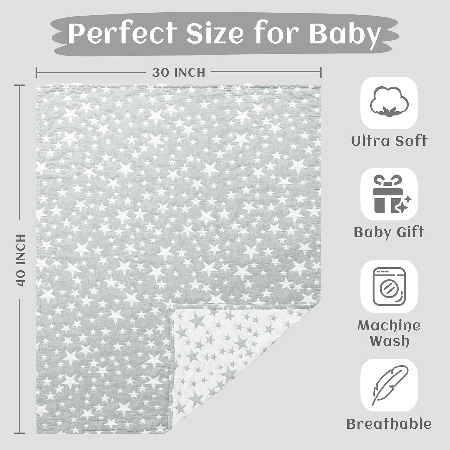 NTBAY 3 Layer Toddler Blanket, Muslin Cotton Jacquard Bed Blankets, Lightweight Thermal Baby Blanket, Super Soft and Warm Crib Blanket for All Seasons, Decoration Gift, 30"x40", Grey Star - Image 5