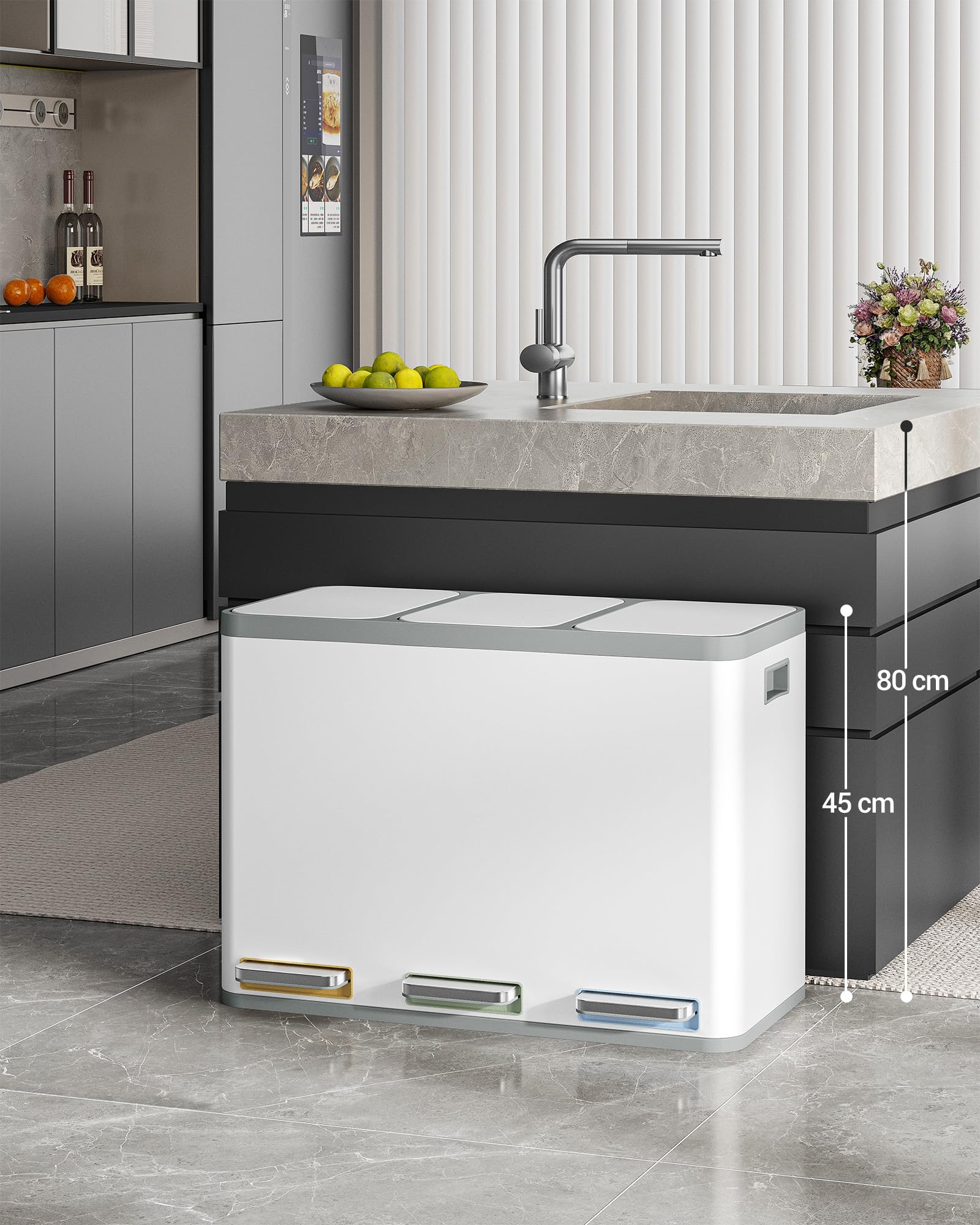 Hzuaneri Cubo de Basura para Reciclaje, Cubos de Reciclaje Cocina con Pedal 3 x 15 L, Contenedor de Acero Inoxidable con Cubos Extraíbles y 1 Rollo de Bolsas de Basura, Blanco SW04599W