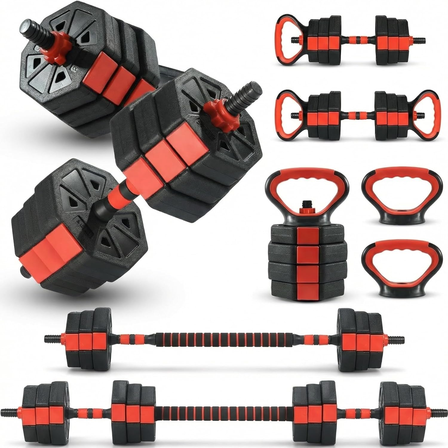 Adjustable Weight Set 66Lbs, 4-in-1 Dumbbell Set and Barbell Weight Set for Home Gym, Converts to Kettlebell & Push-Up Stand, Free Weights Dumbbells Set for Men & Women Full Body Workout, Black Red