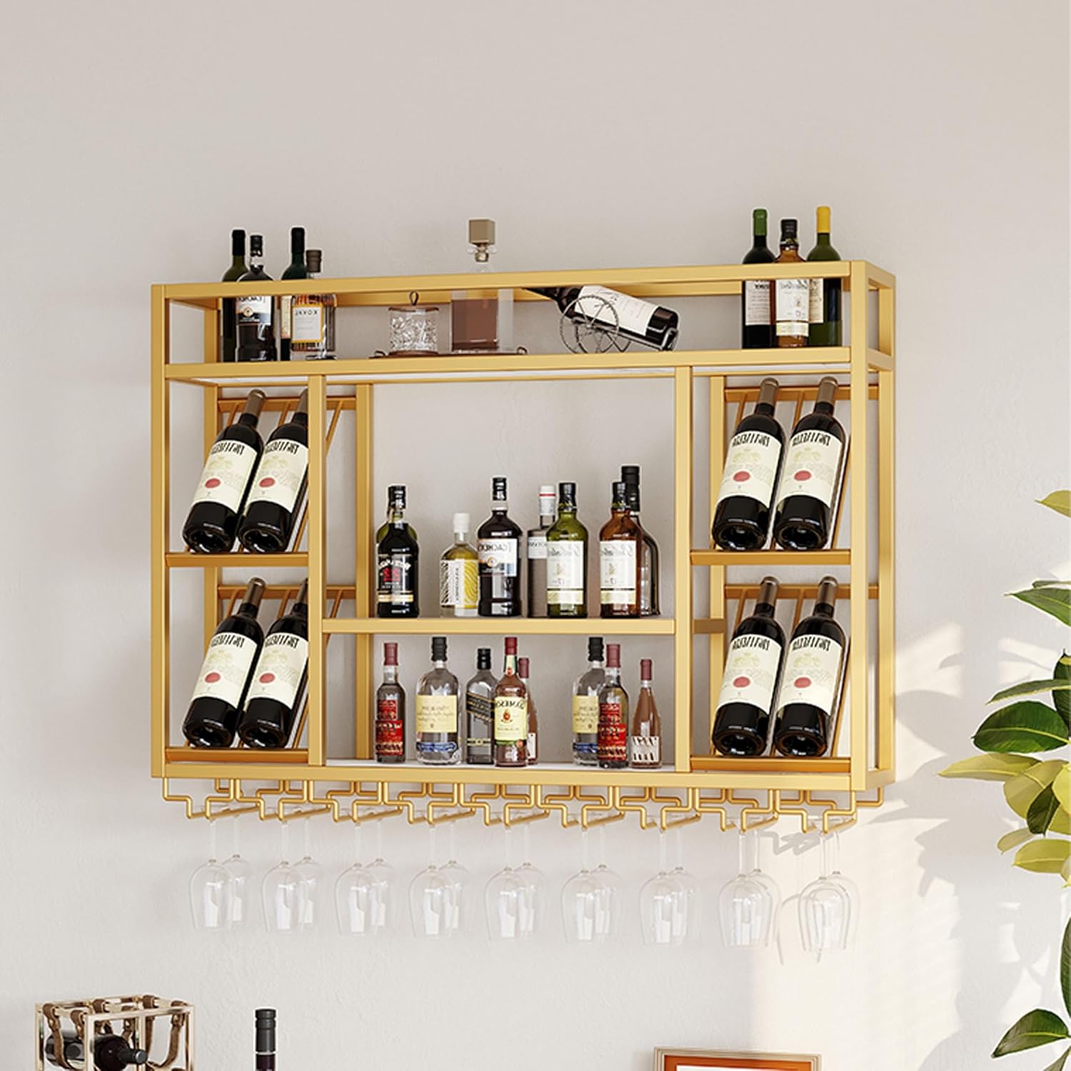 Wine Rack Wall Mounted Bar Shelves Liquor Bottle Display Shelf for Liquor Bottles with Wine Glass Rack Wall Wine Racks for Wine Bottles Kitchen Wall Shelf for Home Bar Dining Room Kitchen(Gold,55.11in
