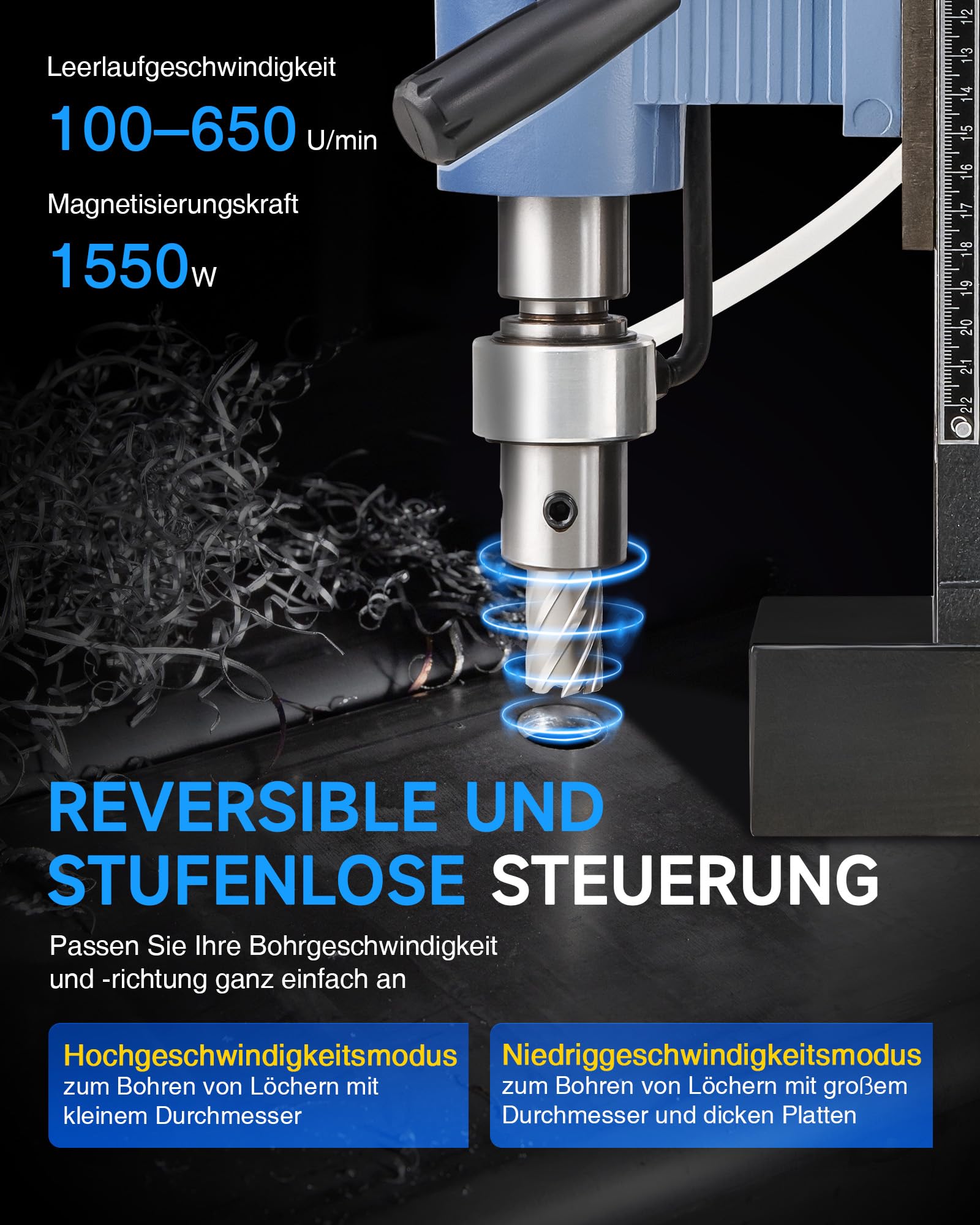 ZELCAN Magnetbohrmaschine, 1550W Standbohrer, 13900N Anpresskraft, 650 U/min, 50mm Bohrtiefe. Lieferung mit 11 HSS-Bohrern 12–27mm und Drehzahlregelung für gewerbliche Metallbearbeitung