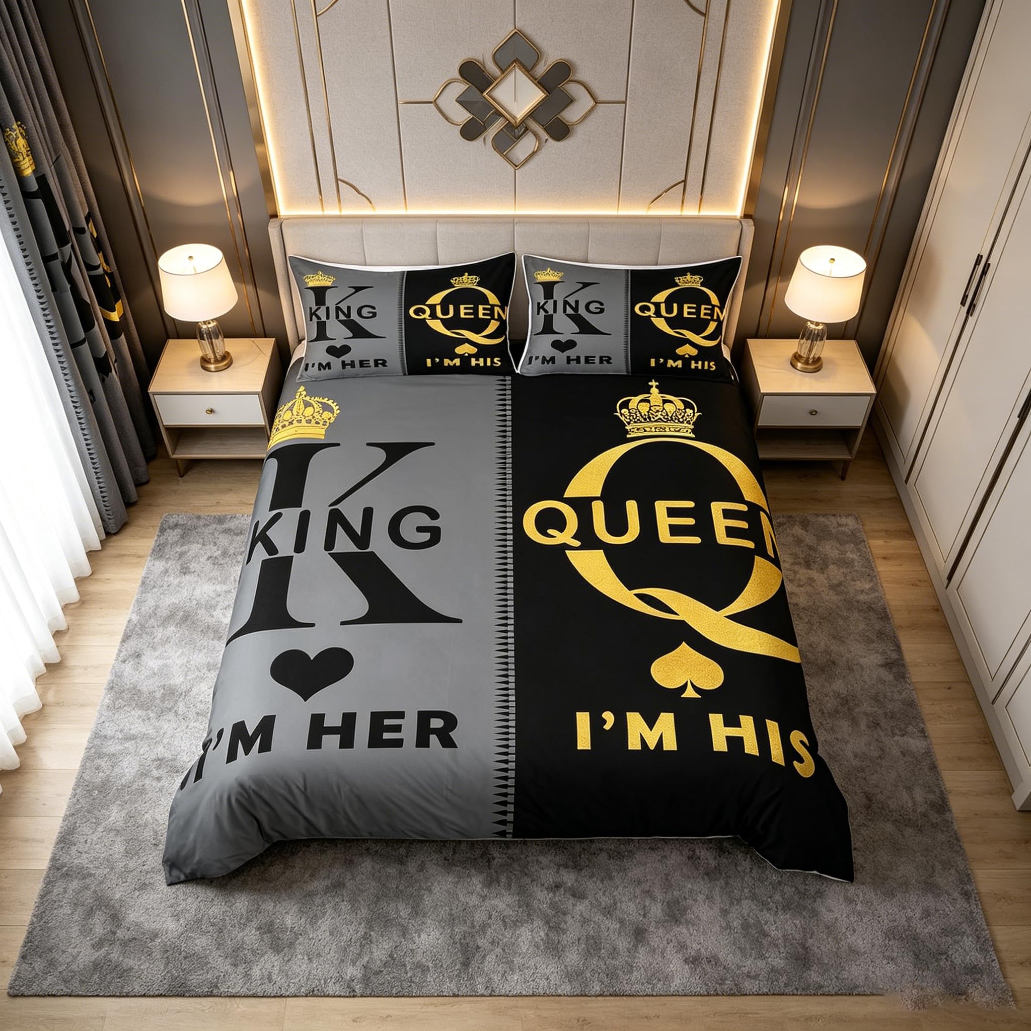 Manfei King and Queen Duvet Cover Set Super King, Her and His Crown Bedding Set for Lover Couple Room Decor, Grey Black Gold Comforter Cover, Lightweight Bedspread Cover, 2 Pillowcases, No Comforter