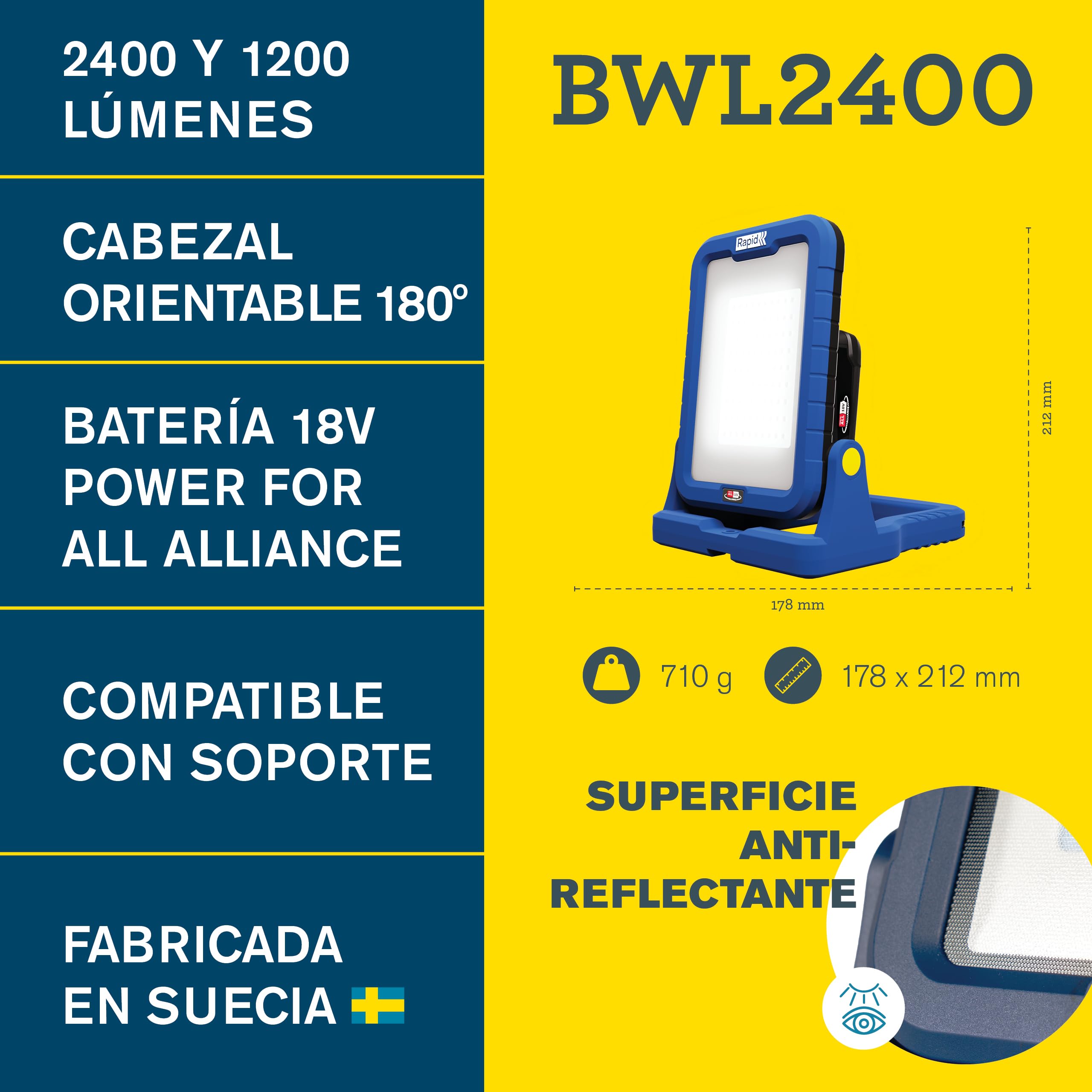 Rapid Luz de trabajo LED BWL2400 18V, luz de trabajo LED inalámbrica a batería, 2400 lúmenes, cabezal inclinable 180°, soporte para trípode, gancho, para lugares de trabajo, sin batería ni cargador