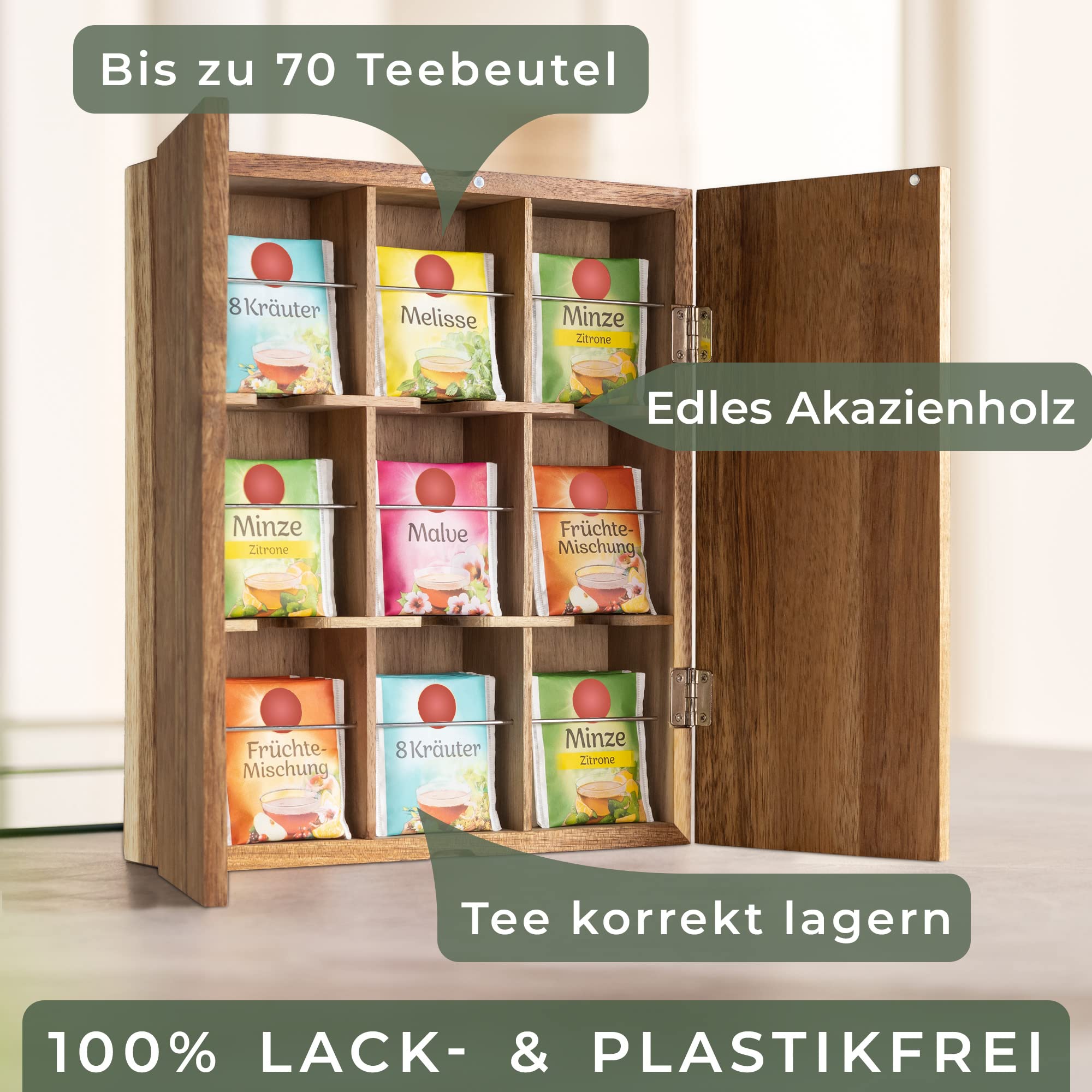 WALDWERK Design Teebox (9 Fächer) - Tee Aufbewahrung aus robustem Akazienholz - Plastikfreie Teebeutel Aufbewahrungsbox - Teebox groß mit Zubehör für Wandmontage