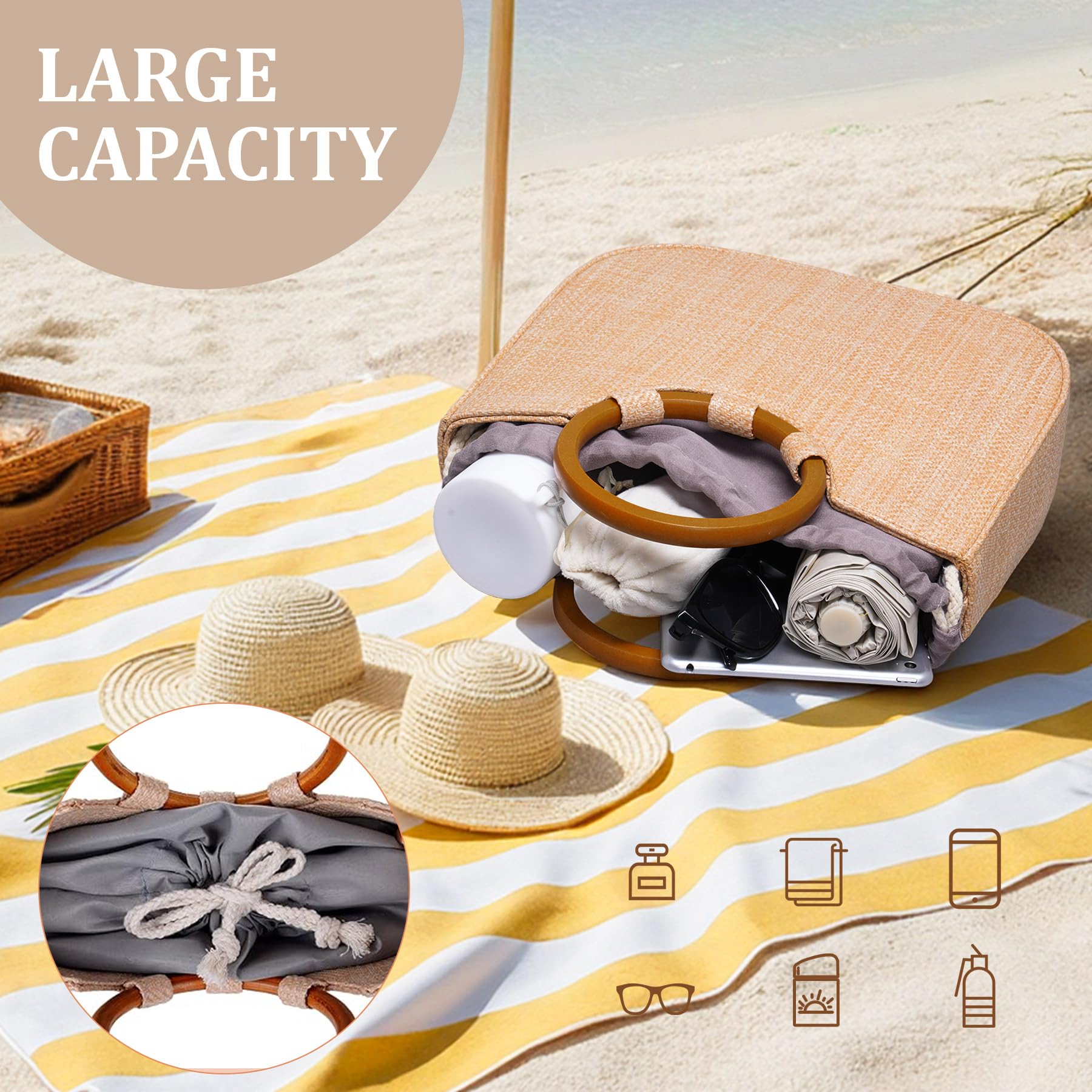 Larcenciel Sac de Plage Femme – Sac Paille Tressé en Fibres Naturelles, Sacs à Main Léger avec Fermeture à Cordon, Pochette et Clutch Femme Chic pour Plage, Mariage, Sortie ou Usage Quotidien