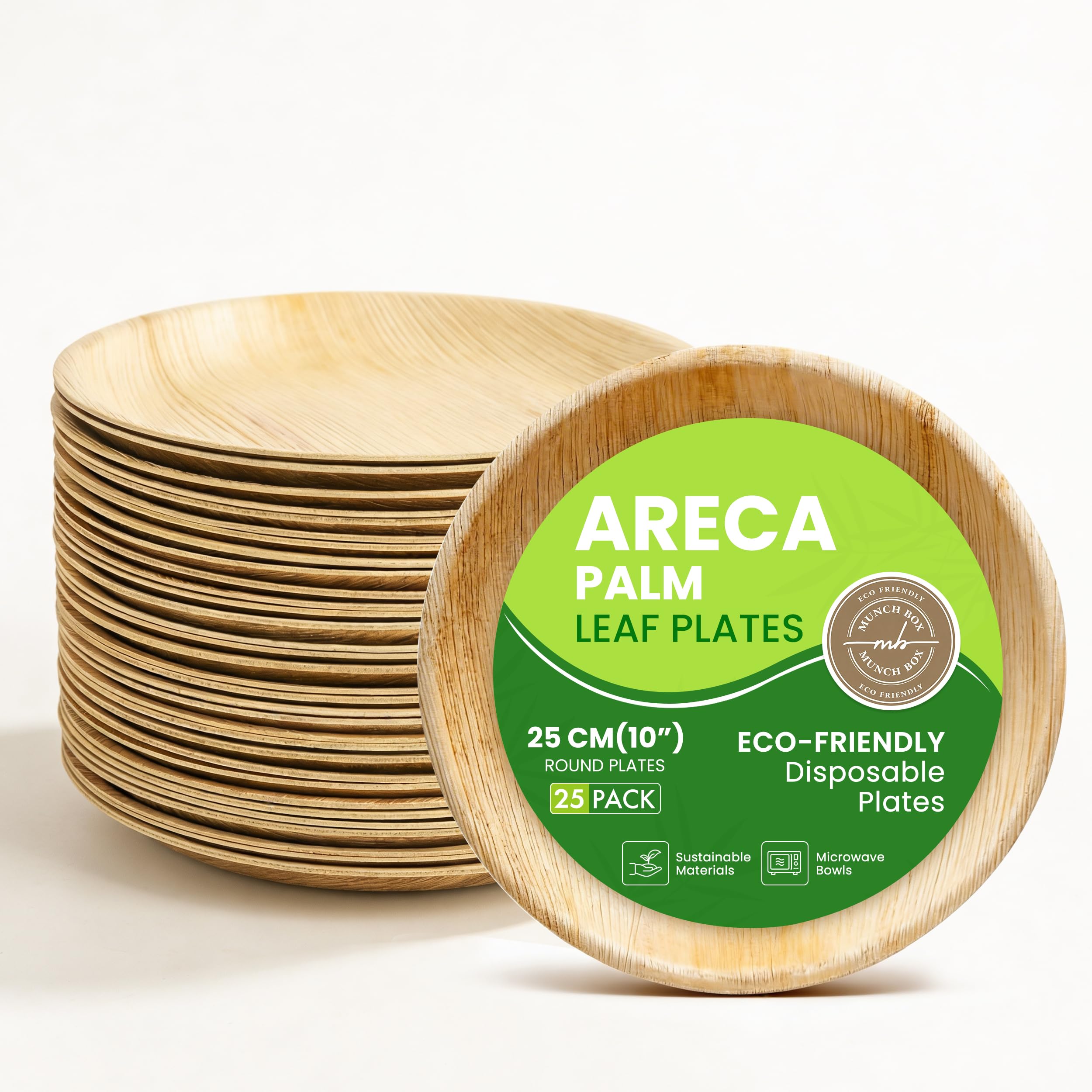 MUNCH BOX Disposable Plates, 10" Round Areca Palm Leaf Plates Eco-Friendly – Biodegradable, Compostable, Microwave Like Wooden, Bamboo Bowls for Party, Hot Food, Soups, and Events (25 Pack)