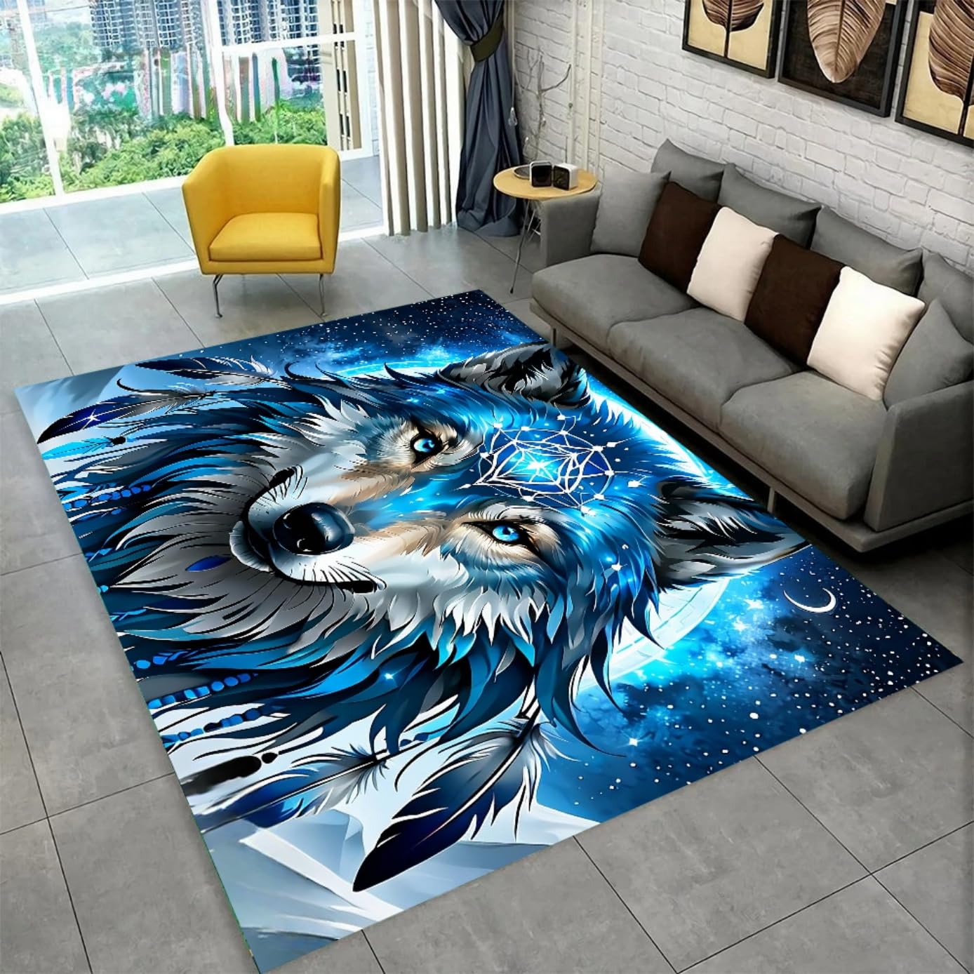 Blau Traumfänger Wolf Indianer Stil Teppich, Gaming Teppich Schlafzimmer Teenager Junge Männer - Flanell & Anti-Rutsch-Teppich -Geeignet für Wohnzimmer, Spielzimmer, Sofa-Fußmatten, 160x230 cm