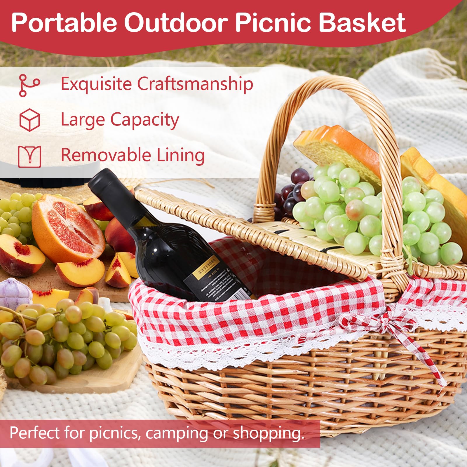Weide Picknickkorb, Tragbarer Picknickkorb für den Außenbereich mit Deckel und Griff, Geflochtener Weidenkorb Praktischer Ovaler Rattan Aufbewahrungskorb für Picknick und Einkauf