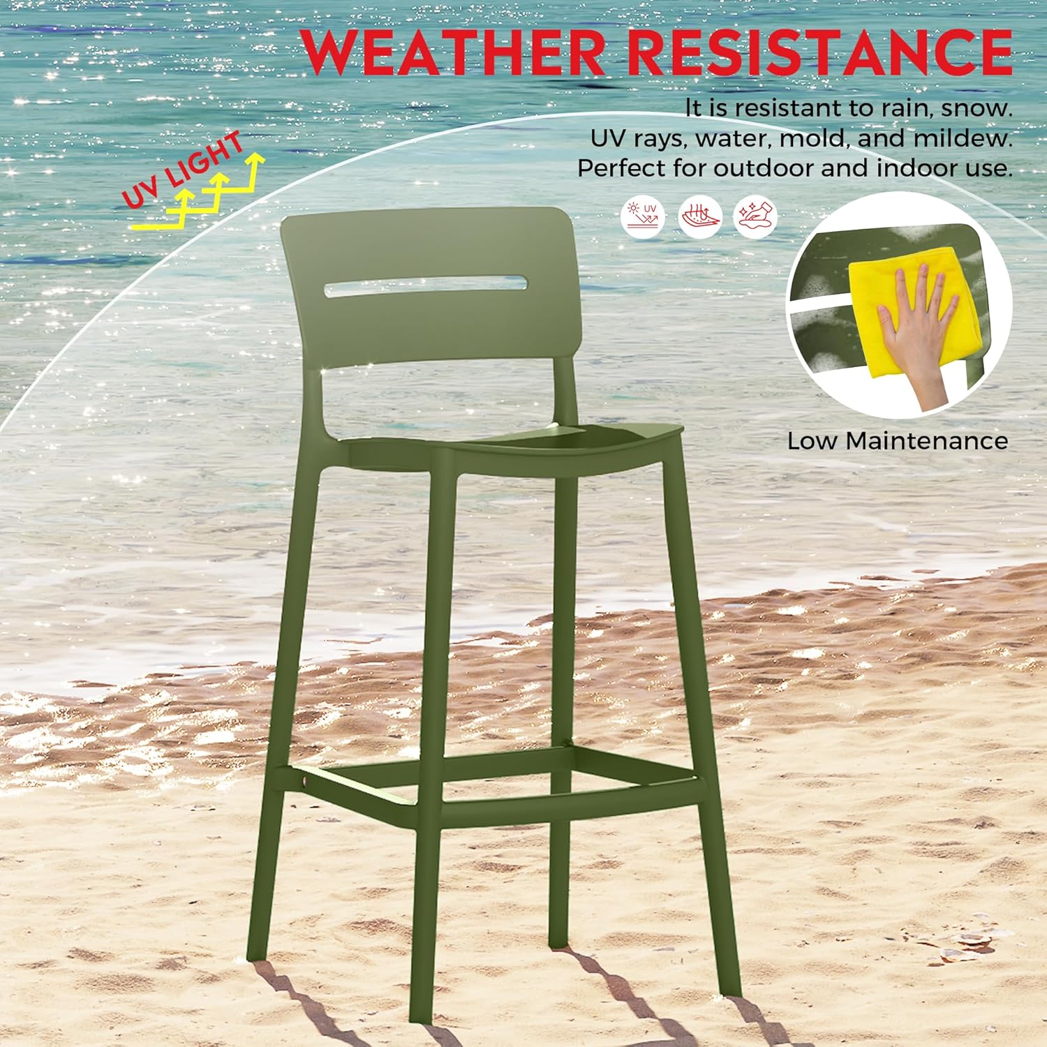Outdoor Bar Stools Set of 2, Dining Pub Counter Stools with Backs, Stackable Patio Bar Chairs Bistro Island Counter Height Bar Chair for Balcony, Yard, Garden, Olive Green