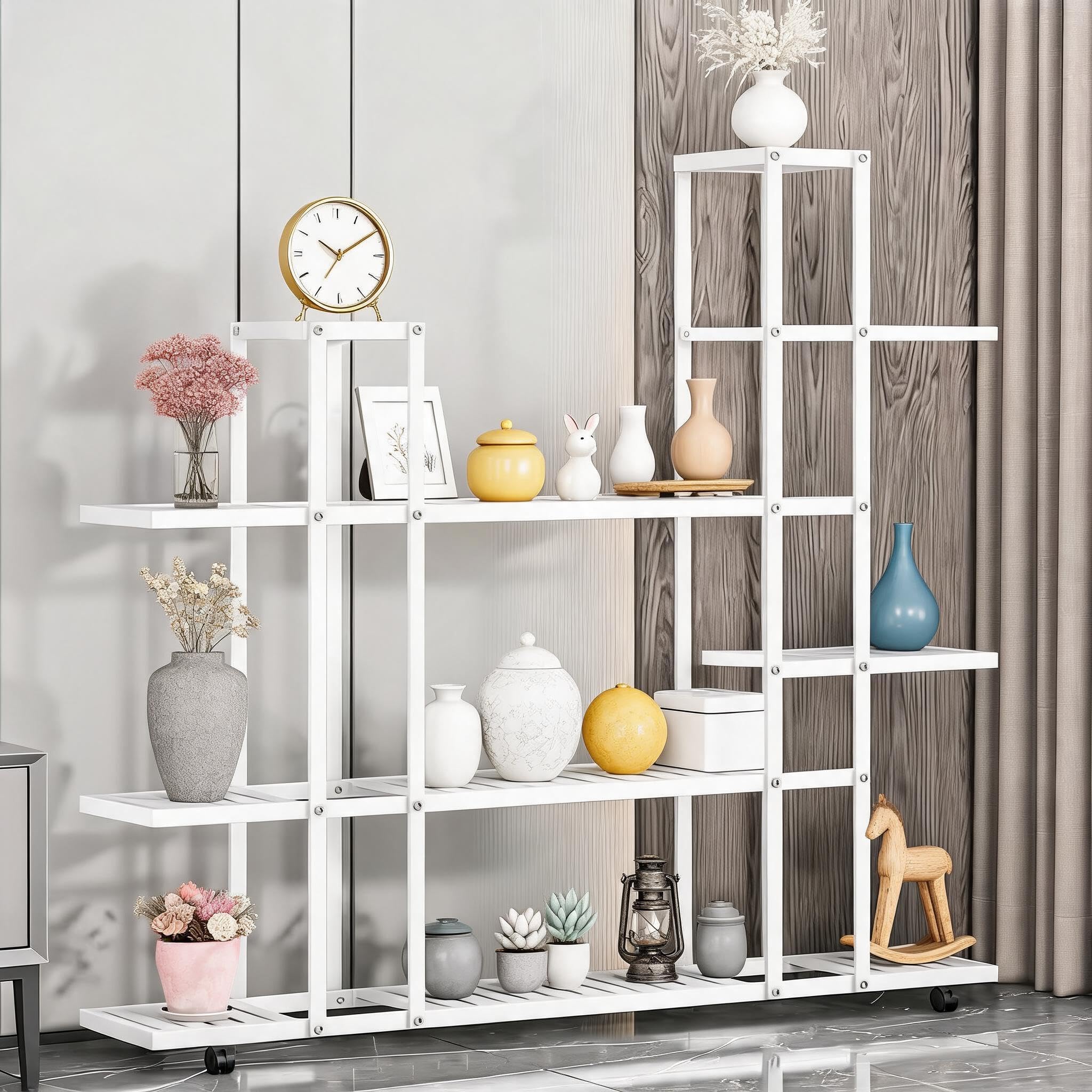 Garvee Porta Piante da Interno ed Esterno, Scaffale per Piante in Ferro per Vasi, Supporto Fiori con Ruote, Espositore Piante Salvaspazio per Soggiorno, Balcone e Giardino (7 Livelli (Bianco))