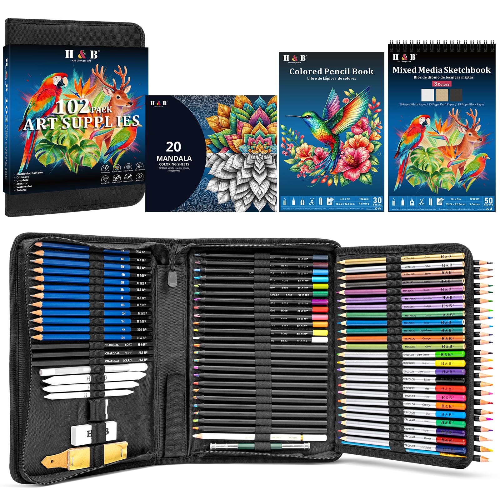 H &amp; B 101PCS Sketching Kit Art Supplies for Adults with 3 Books &amp; Zip Case