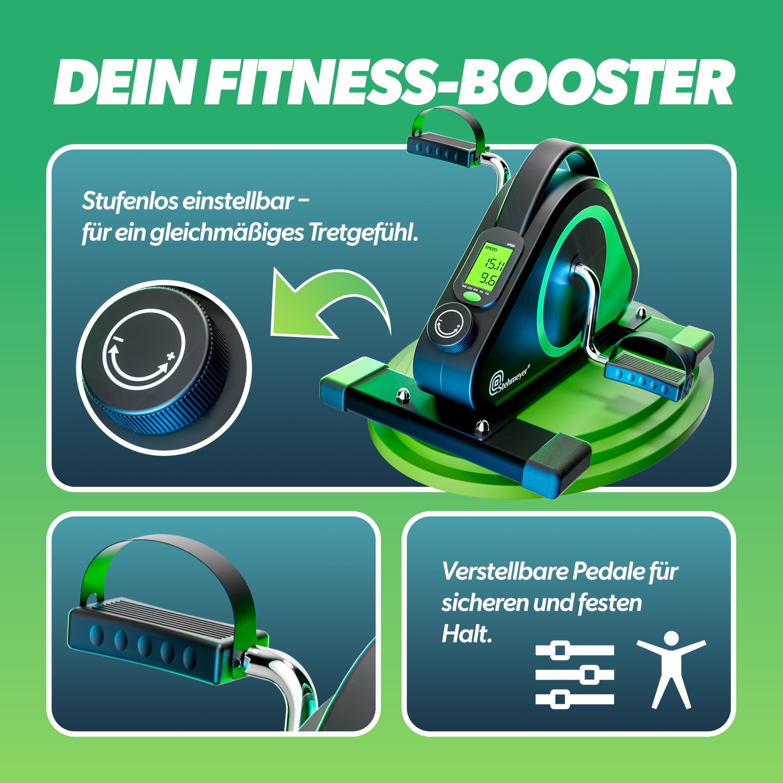 STEHMEYER® Pedaltrainer für Senioren Mini Heimtrainer Tischfahrrad | extra leiser & gelenkschonender Arm & Beintrainer mit Befestigungsband | Deskbike mit LCD-Display für Zuhause, Büro & Reha