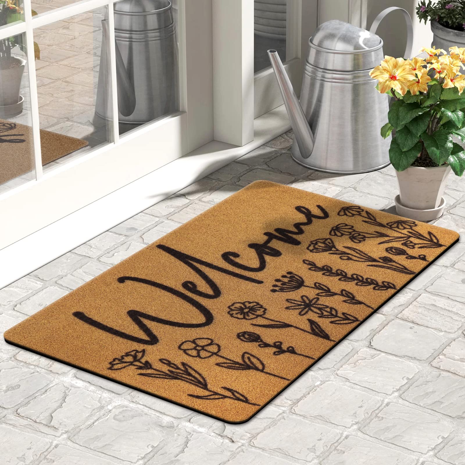 CiyvoLyeen Wildflower Welcome Door Mat, Flower Coir Doormat Spring Boho Decor with Non-Slip Backing Indoor Outdoor Home Entrance Floor Funny Porch Rug Housewarming Gift 29.5×17 Inches