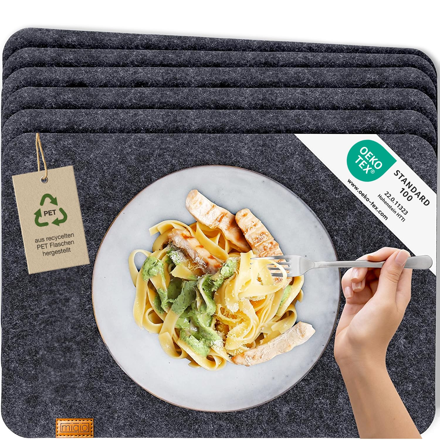 MIQIO® Scandi Style Felt Place Mats - Felt & Leather - Washable | Set of 4 Felt Placemats 44x30 cm | Table Mats for Table Decoration | Dark Grey