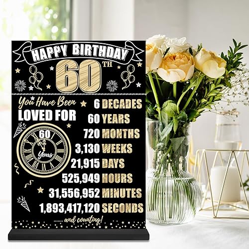Miniatura 3 de Cartel de mesa de 60 cumpleaños negro y dorado para hombres y mujeres, póster de madera vintage de 60 cumpleaños de dos caras con soporte para
