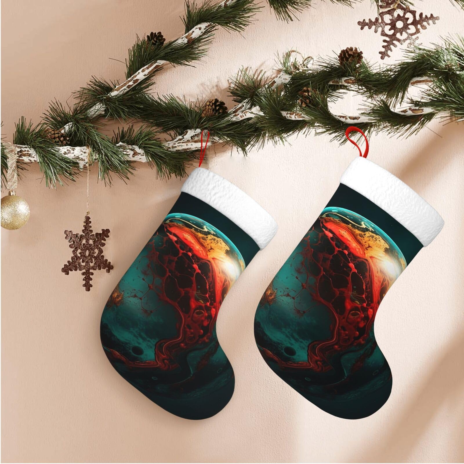 17.7" Christmas Stocking 1 Piece, Marble Ball Xmas Stockings with White Plush Cuff Fireplace Hanging Stocking for Christmas Holiday Party Decoration