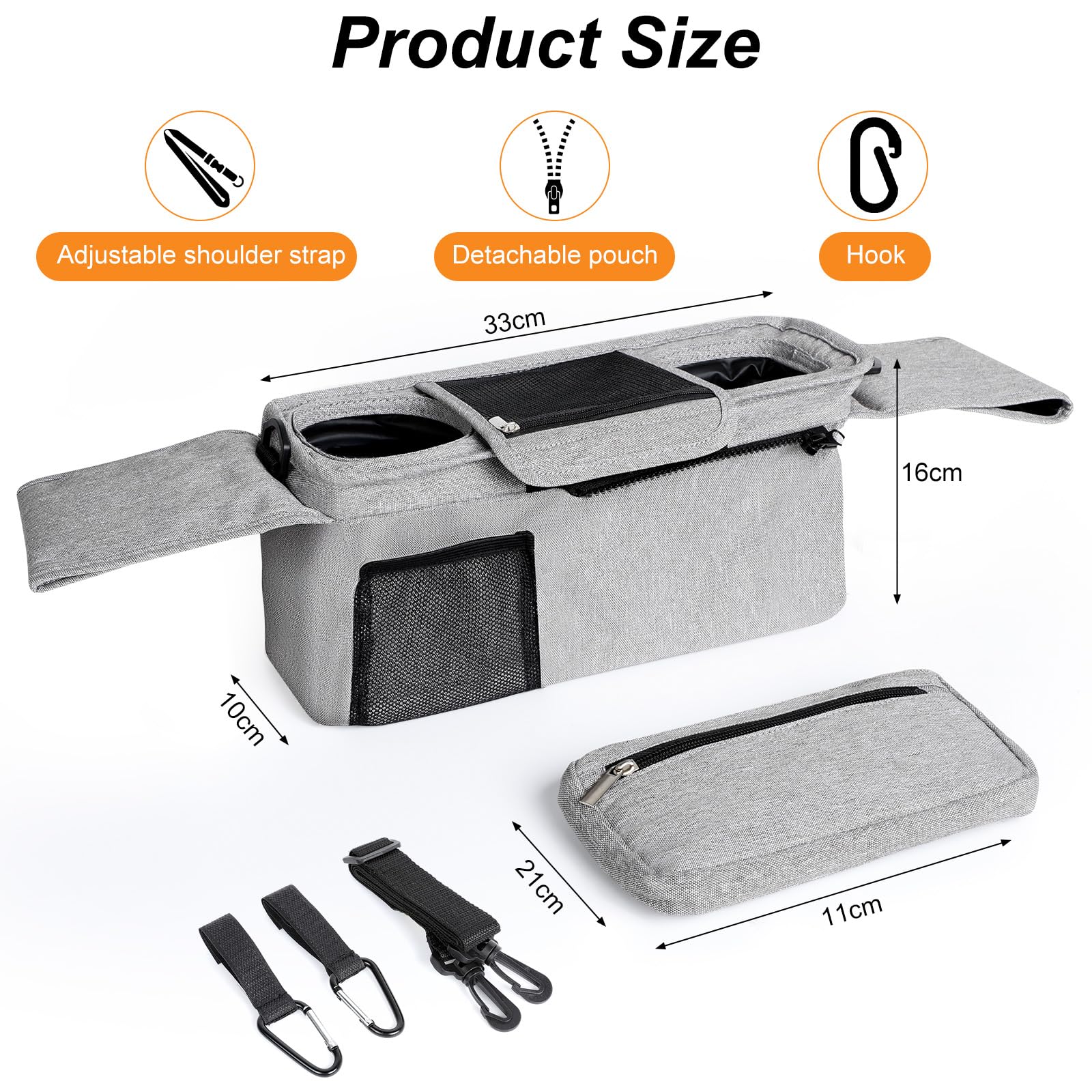 AiQInu Borsa Passeggino Borsa Organizer con Portabicchieri Isolati Tracolla,Impermeabile Borsa per Passeggino Universale con gancio per passeggino, con velcro