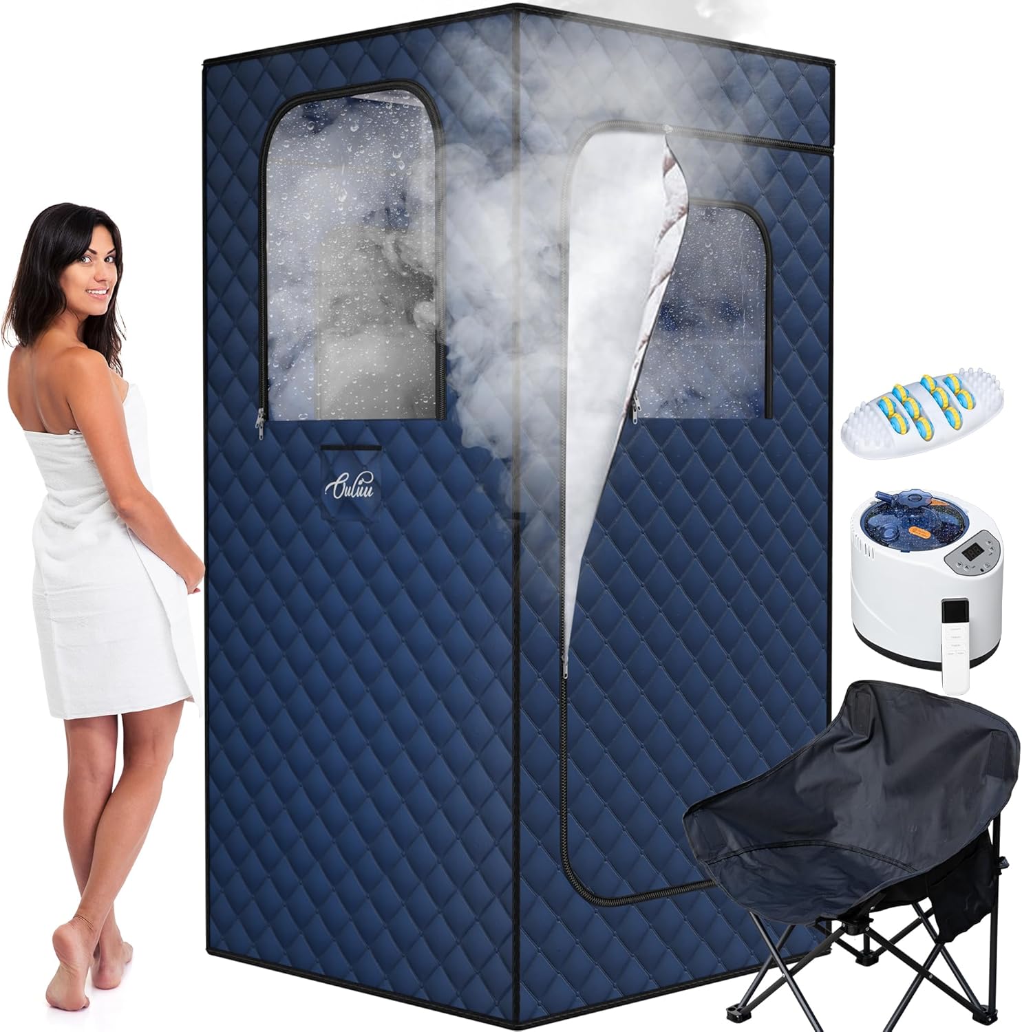 Large Portable Sauna Box, 3L Steamer Portable Steam Sauna for Home, Personal Sauna with Big Sauna Chair, Remote Control, Foot Massager, 3.2’ x 3.2’ x 6.0’, Navy Blue, 1200W