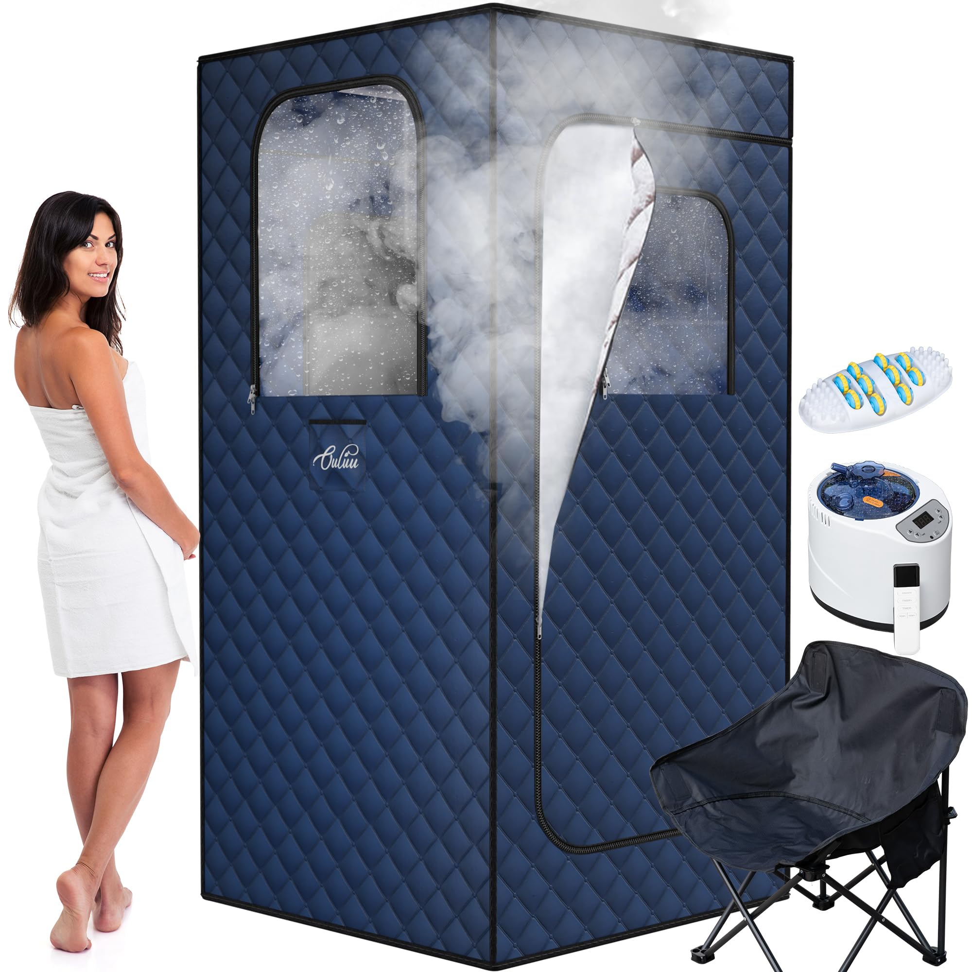 ouluu Large Protable Sauna Box, 3L Steamer Protable Steam Sauna for Home, Personal Sauna with Big Sauna Chair, Remote Control, Foot Massager, 3.2’ x 3.2’ x 6.0’, Navy Blue
