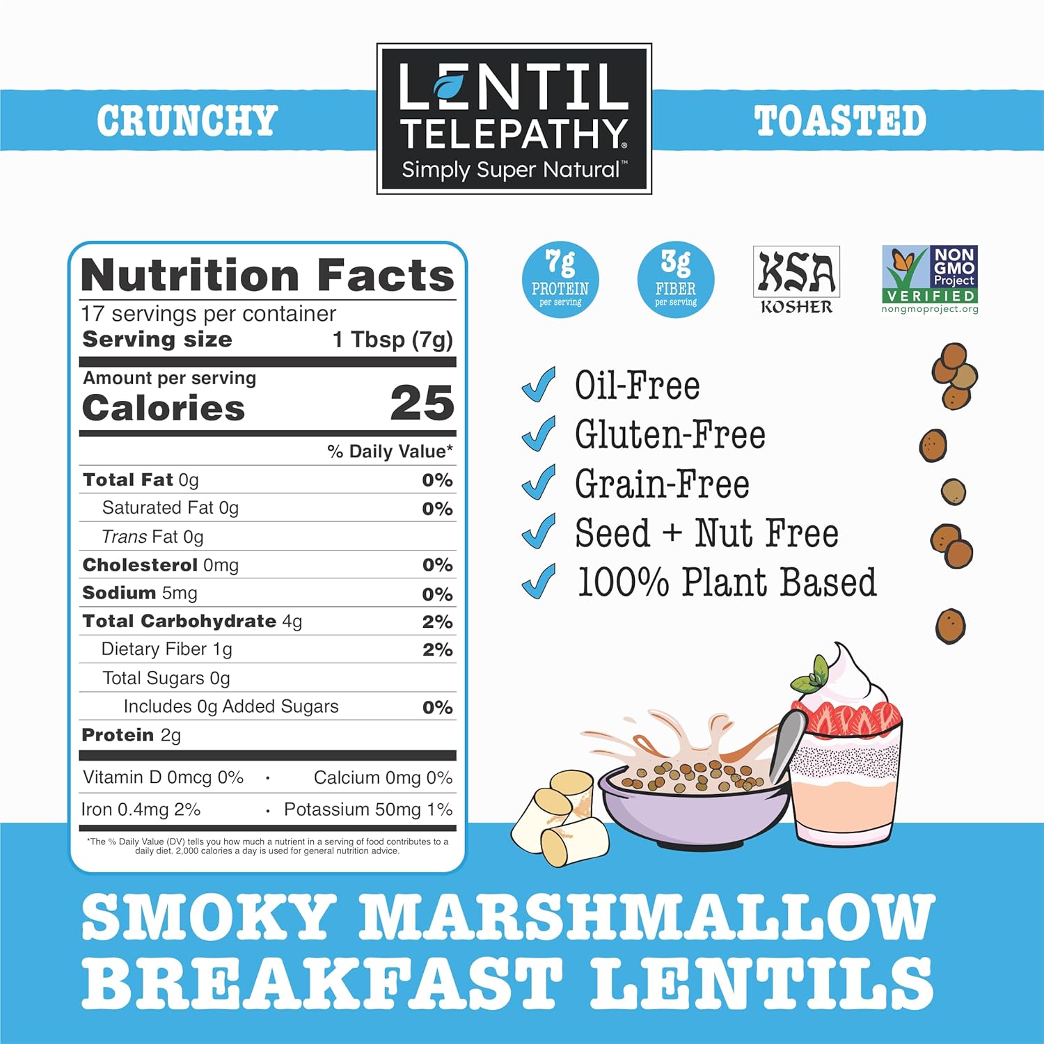 Lentil Telepathy Smoky Marshmallow Breakfast Lentils, Crunchy High Protein Cereal & Granola Alternative, Plant Based, Gluten Free, Non-GMO, 4 oz Bags, 3 Pack