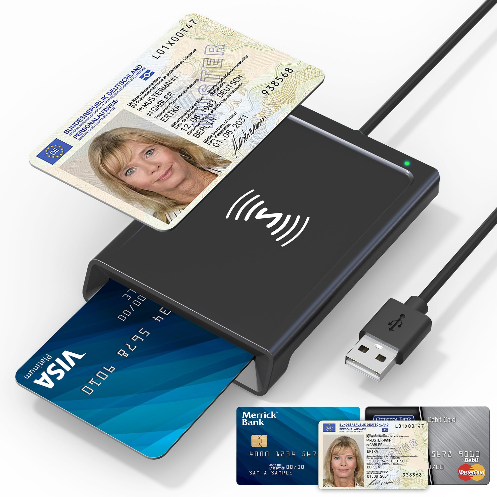 Kartenlesegerät Personalausweis NFC & Chipkartenleser 2in1, NFC Lesegerät & Chipkartenleser für den Neuen Personalausweis Bankkarten, Smartcard Reader NFC kompatibel mit Windows, Linux, Android, Mac