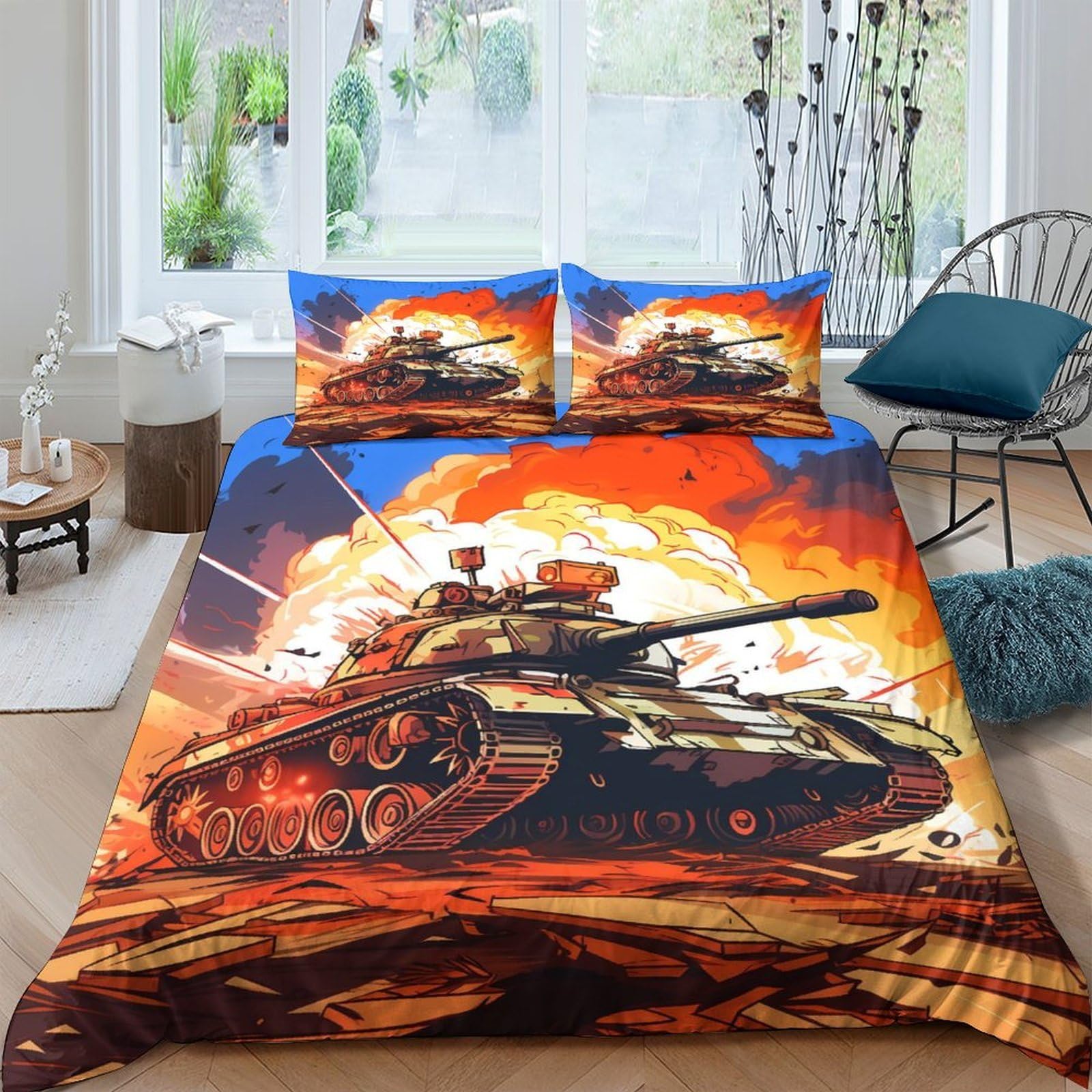 GPLZQXKJNH 3D Printed Battle Tank Duvet Cover Microfiber Soft Breathable Explosion Bedding Set with 2 Pillowcases for Bedroom Decor Single（135x200cm）