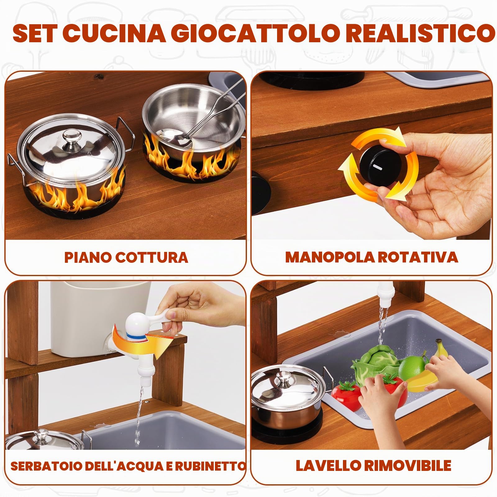 Cucina Giocattolo per Bambini in Legno,Cucina Completa con con Lavello Rimovibile,Rubinetto,Accessori da Cucina,Fornello- Set Montessori Cucina da Esterno per Bambini e Bambine dai 3 anni in su