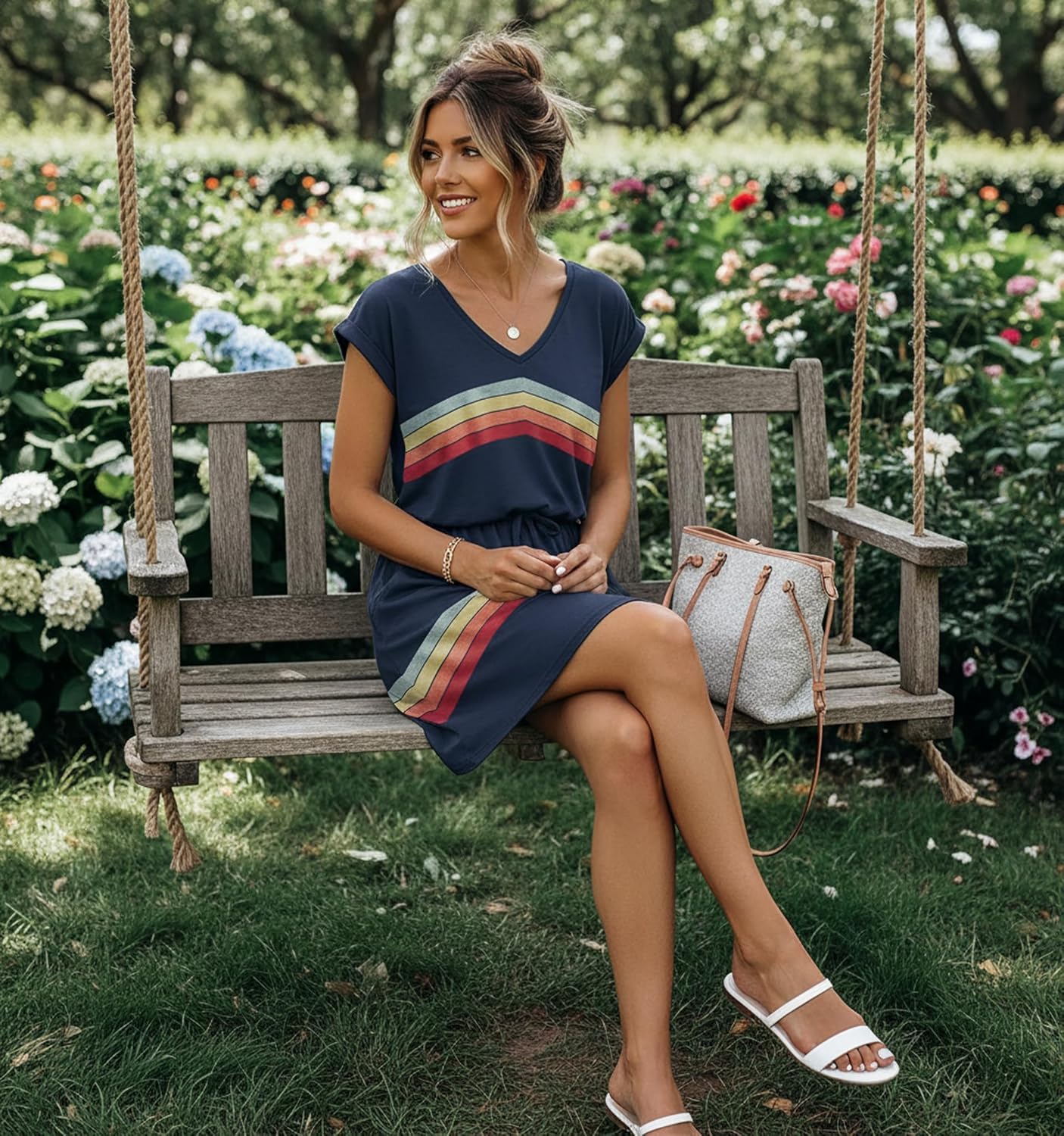 Womens Summer Dress Lantern Sleeve Square Neck Tie Front A-Line Double Layer Hem Mini Dresses - Image 2