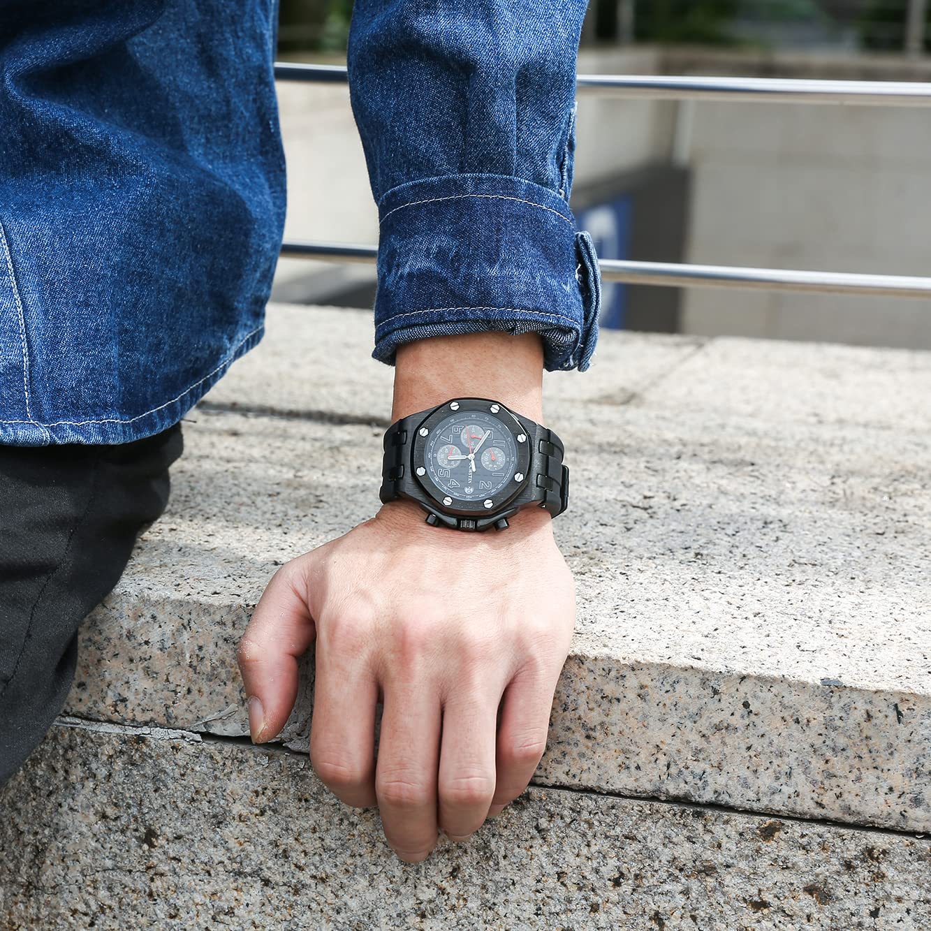 TEINTOP Ochstin Precision Chronograph męski zegarek biznesowy męski ośmiokątne zegarki, Czarny pomarańczowy, Klasyczny